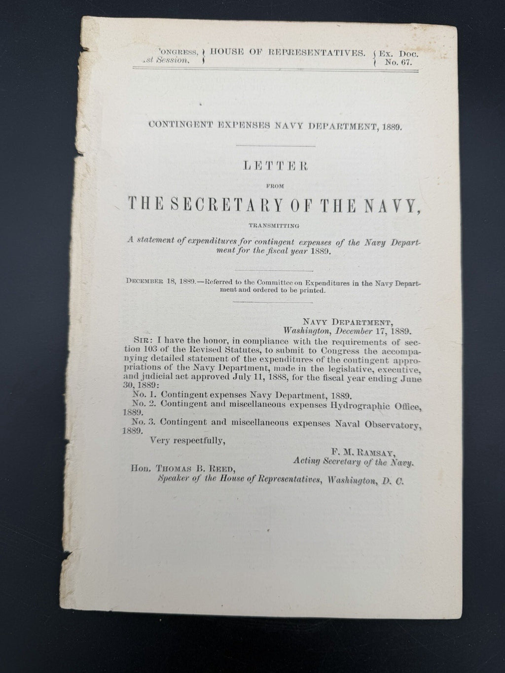 1889 Navy Department Contingent Expenses Report - 51st Congress House Doc. 67