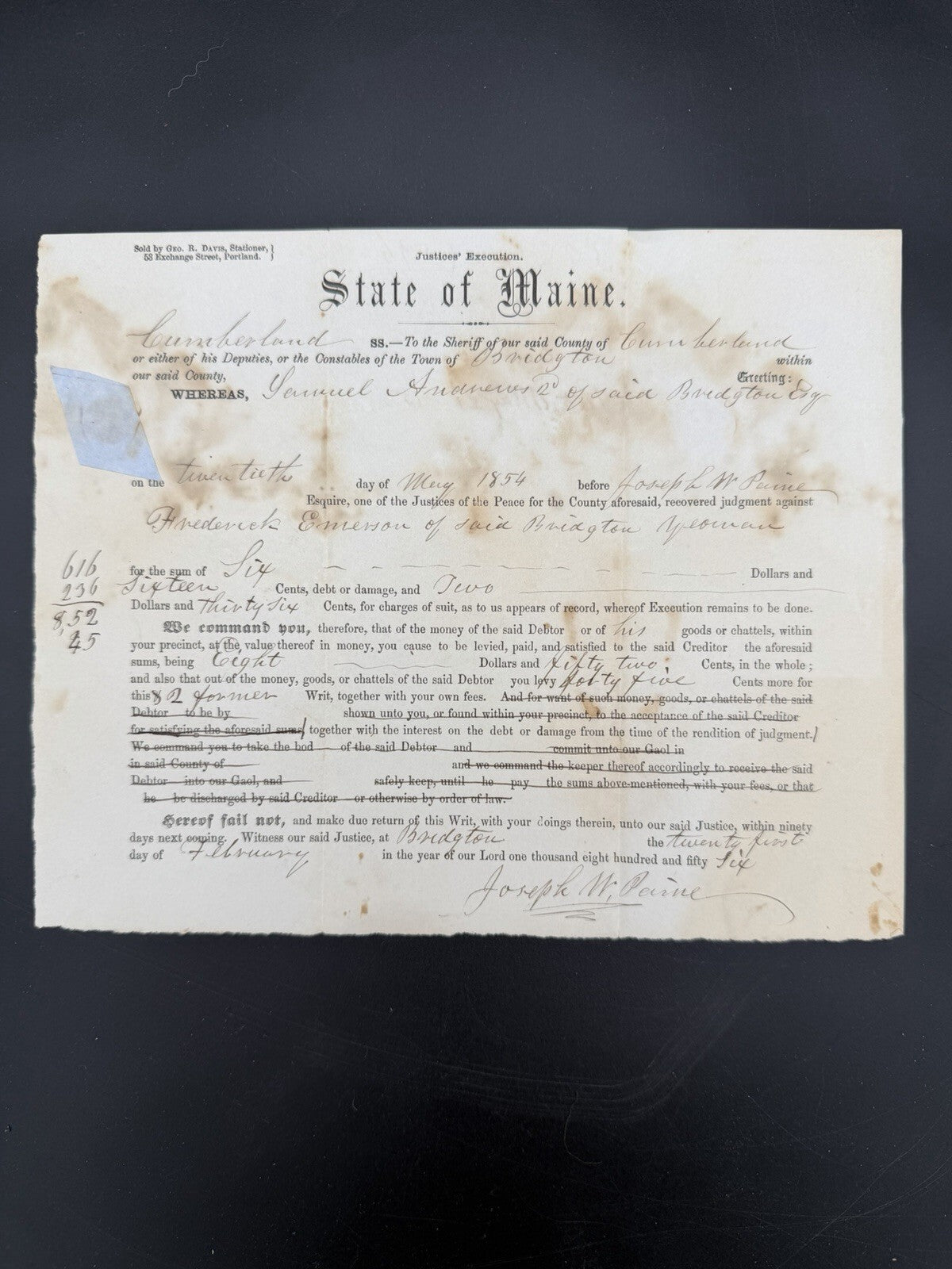 1856 Maine Legal Execution: Cumberland County Debt Collection, Bridgton, ME