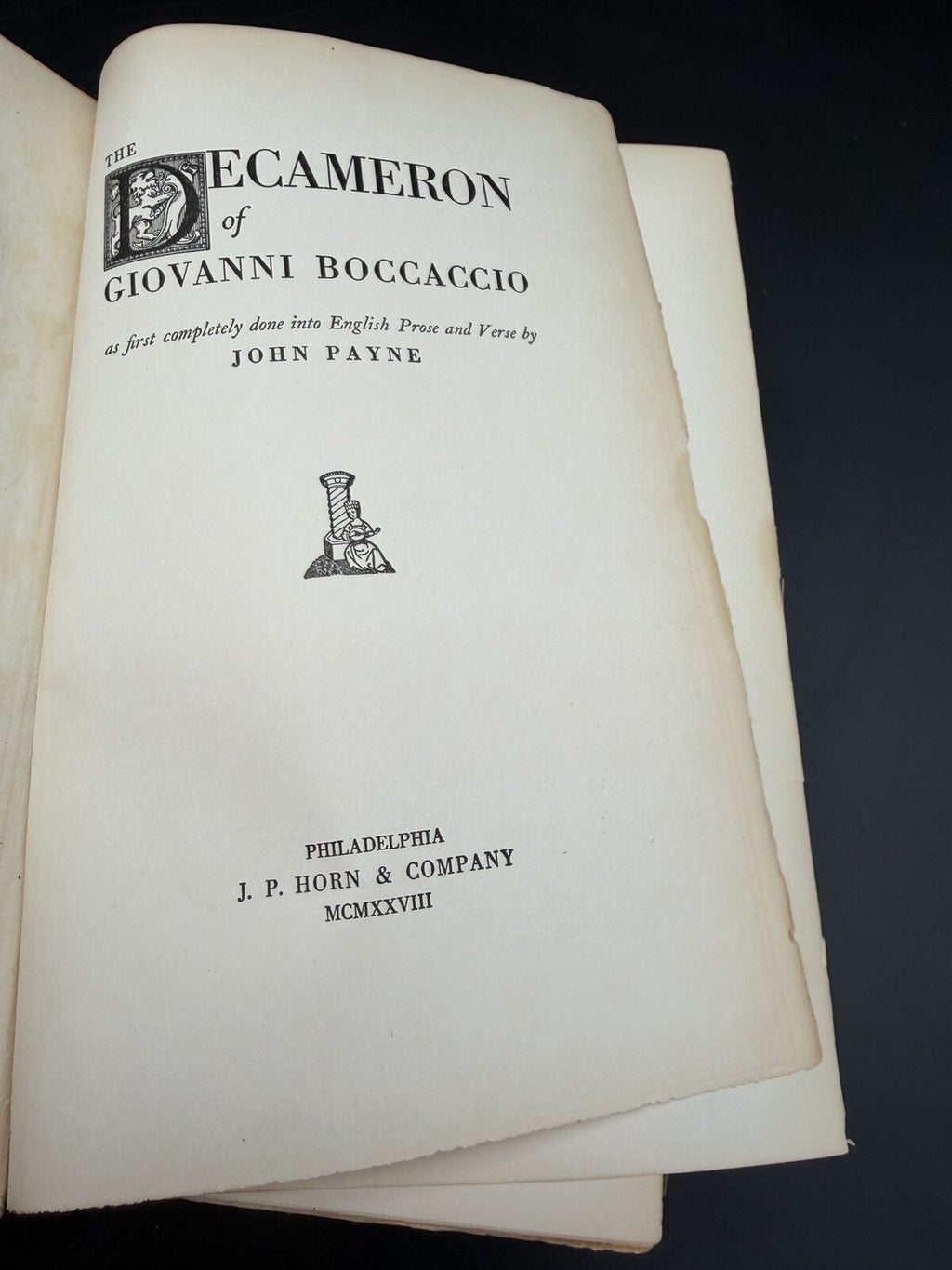 The Decameron, Boccaccio, Vol 1, 1928, J.P. Horn, AS-IS for Restoration