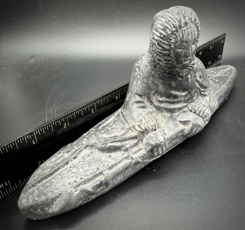 Vintage Inuit Style Soapstone Carving Eskimo Hunter in Kayak Sculpture