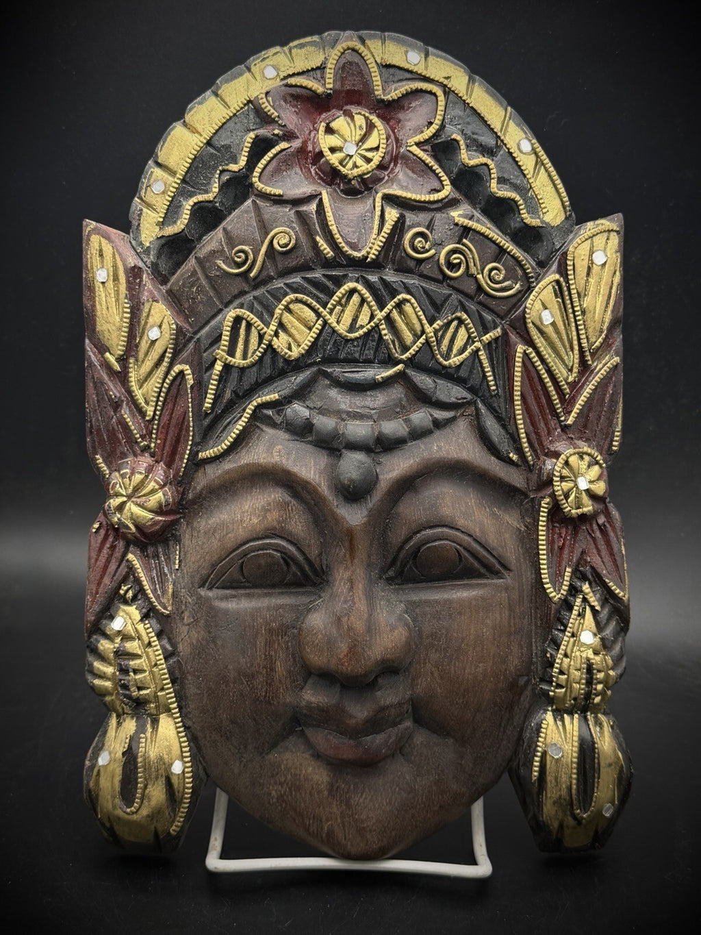Vintage Balinese Wooden Mask Hand Carved Goddess Mirror Inlays Gold Painted 10"