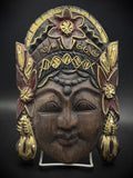 Vintage Balinese Wooden Mask Hand Carved Goddess Mirror Inlays Gold Painted 10"