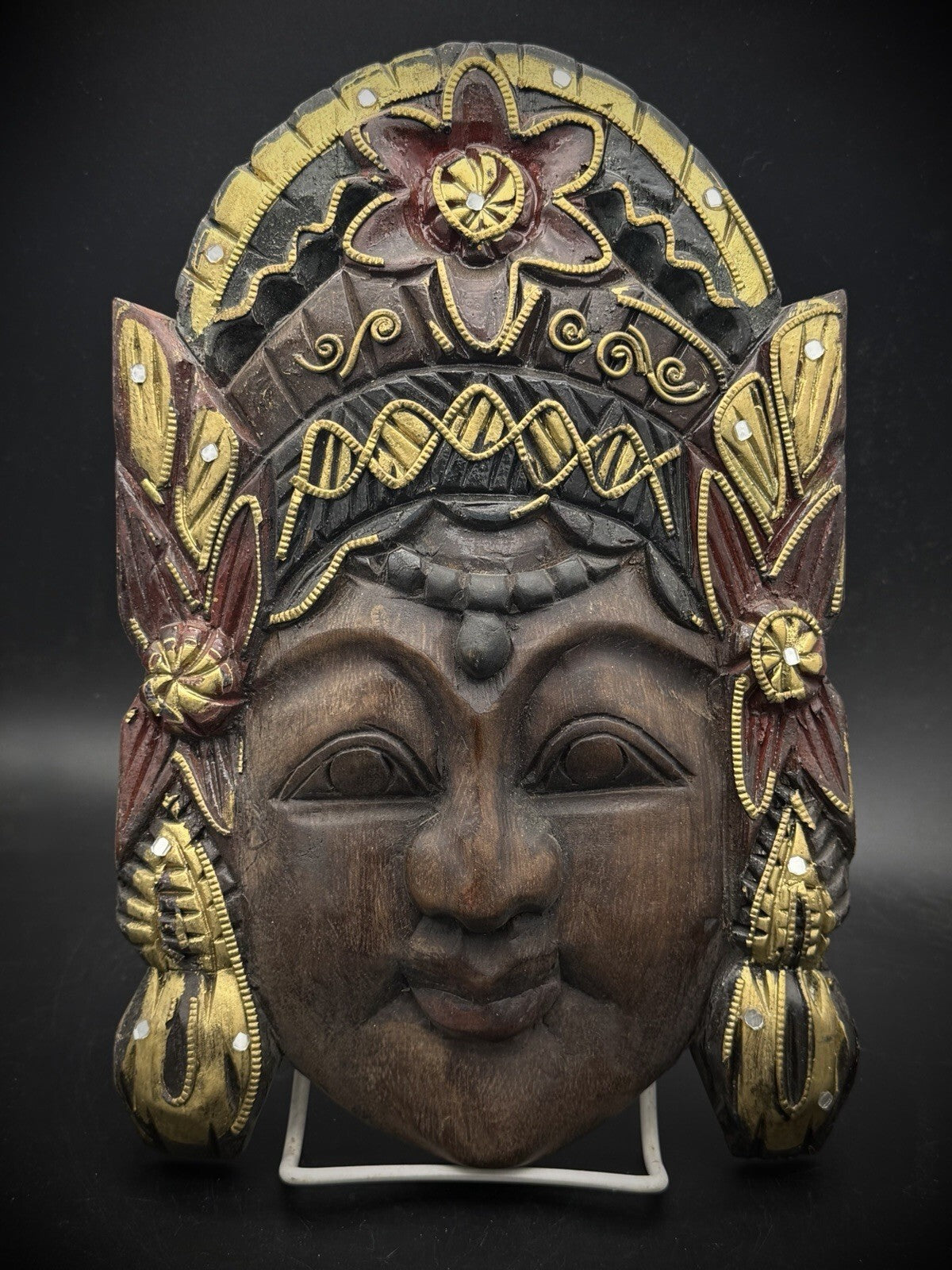 Vintage Balinese Wooden Mask Hand Carved Goddess Mirror Inlays Gold Painted 10"