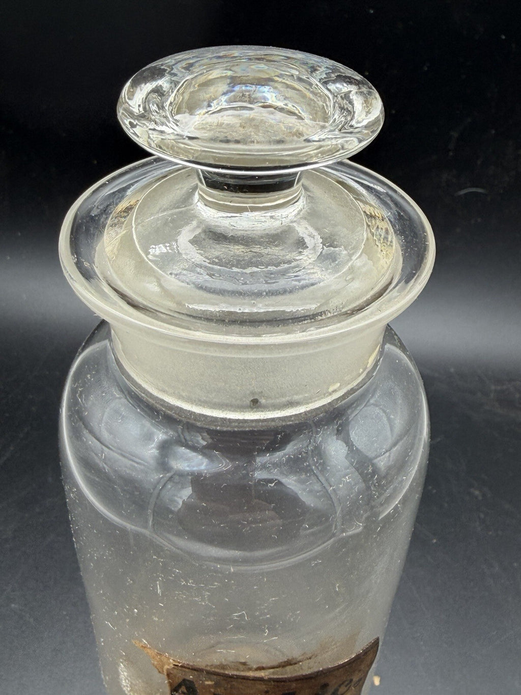 Antique Vintage Glass Apothecary Bottle "Arabic" Label w/ Ground Glass Stopper