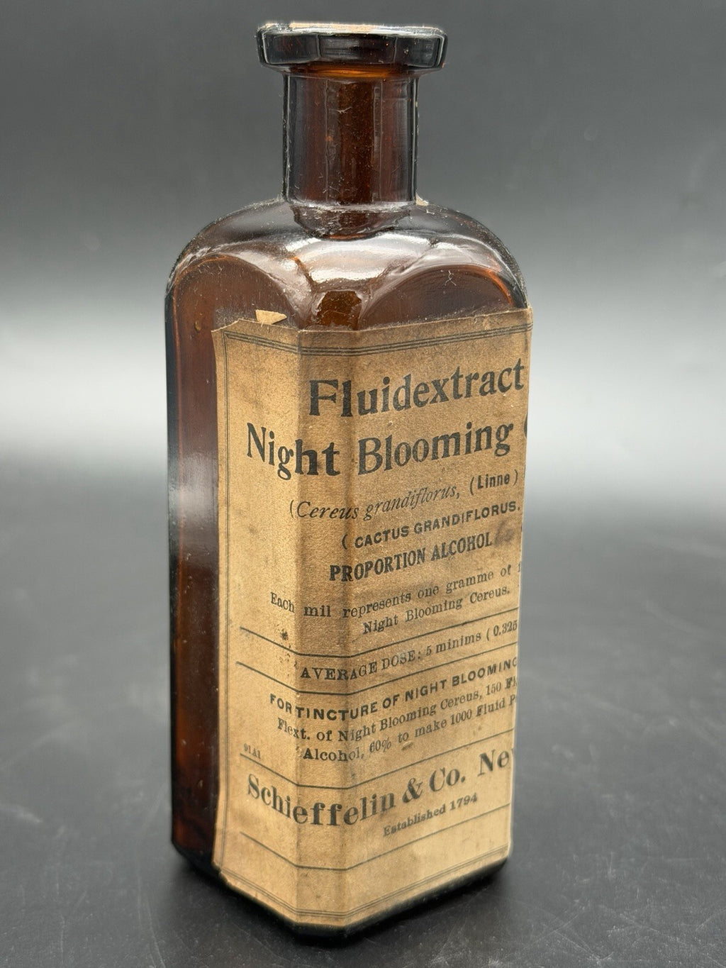 Antique Labeled Schieffelin Co Medicine Bottle Night Blooming Cereus Extract