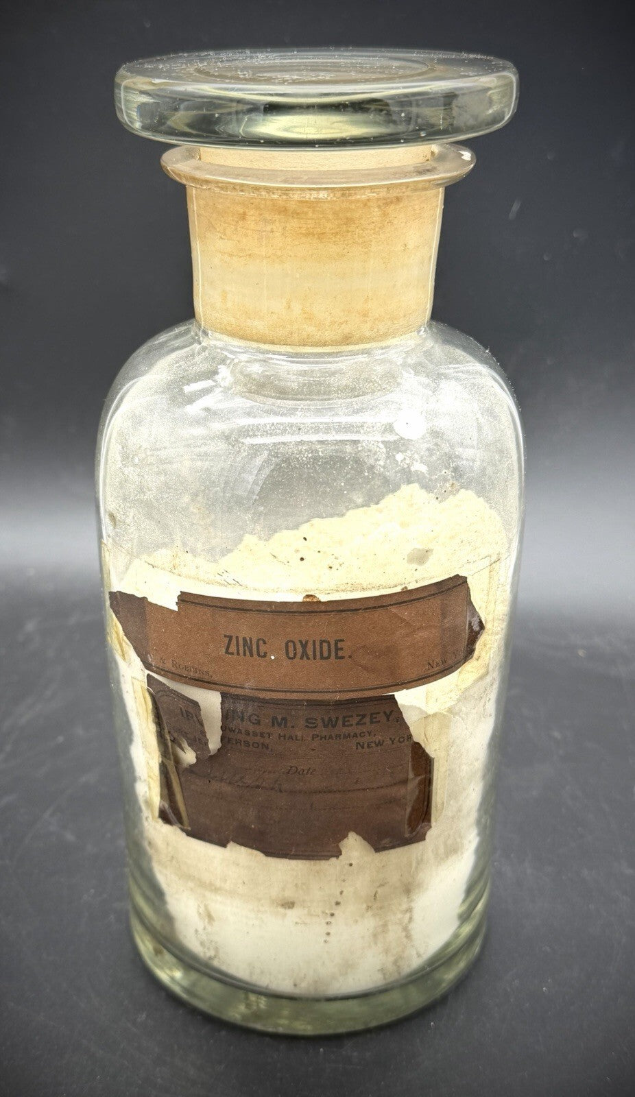 Antique Zinc Oxide Large Apothecary Bottle Glass Stopper Pharmacy Label New York