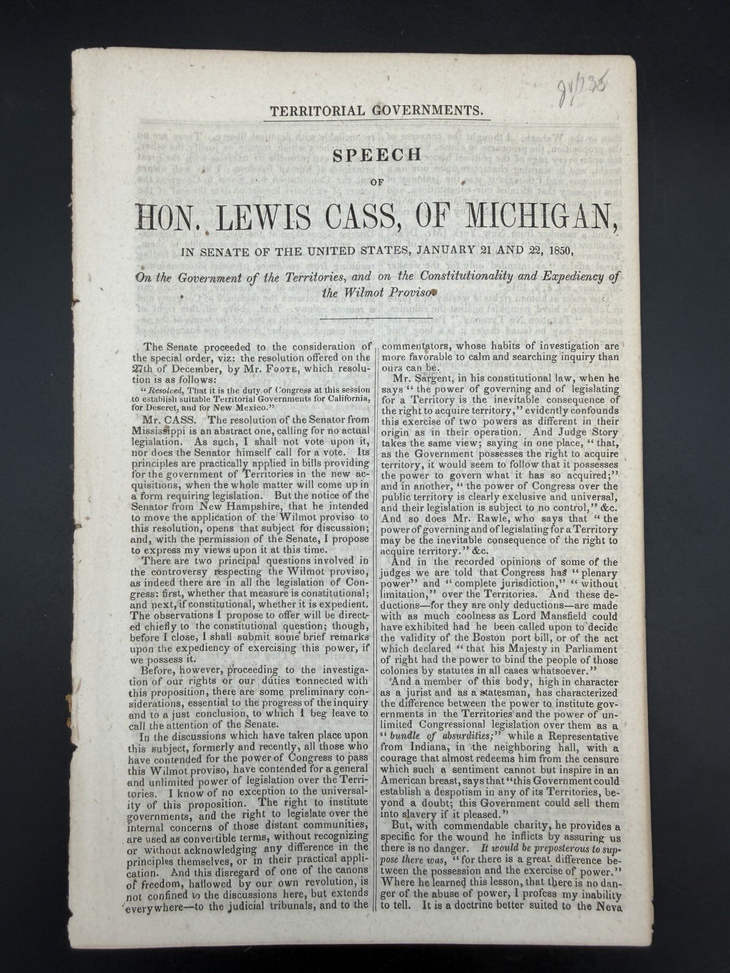 1850 Antique US Senate Speech Lewis Cass Michigan Wilmot Proviso Pamphlet