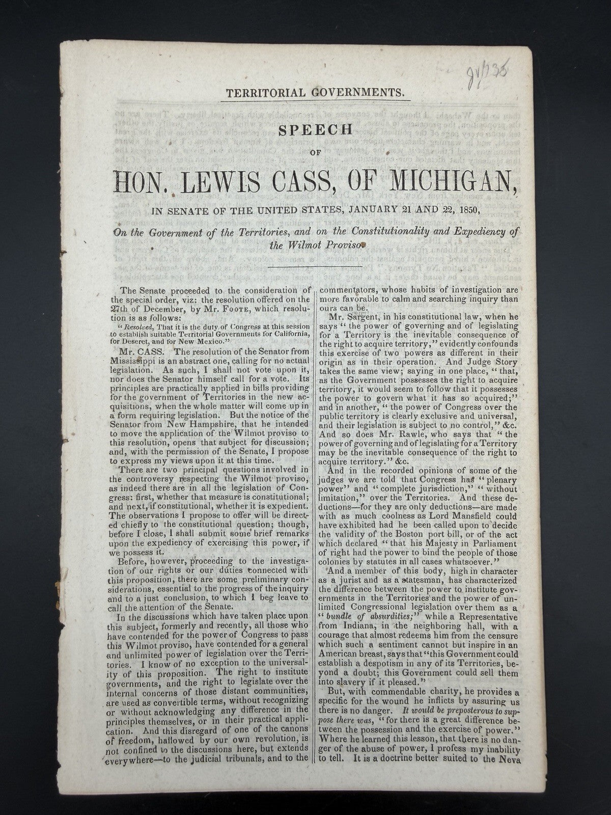 1850 Antique US Senate Speech Lewis Cass Michigan Wilmot Proviso Pamphlet