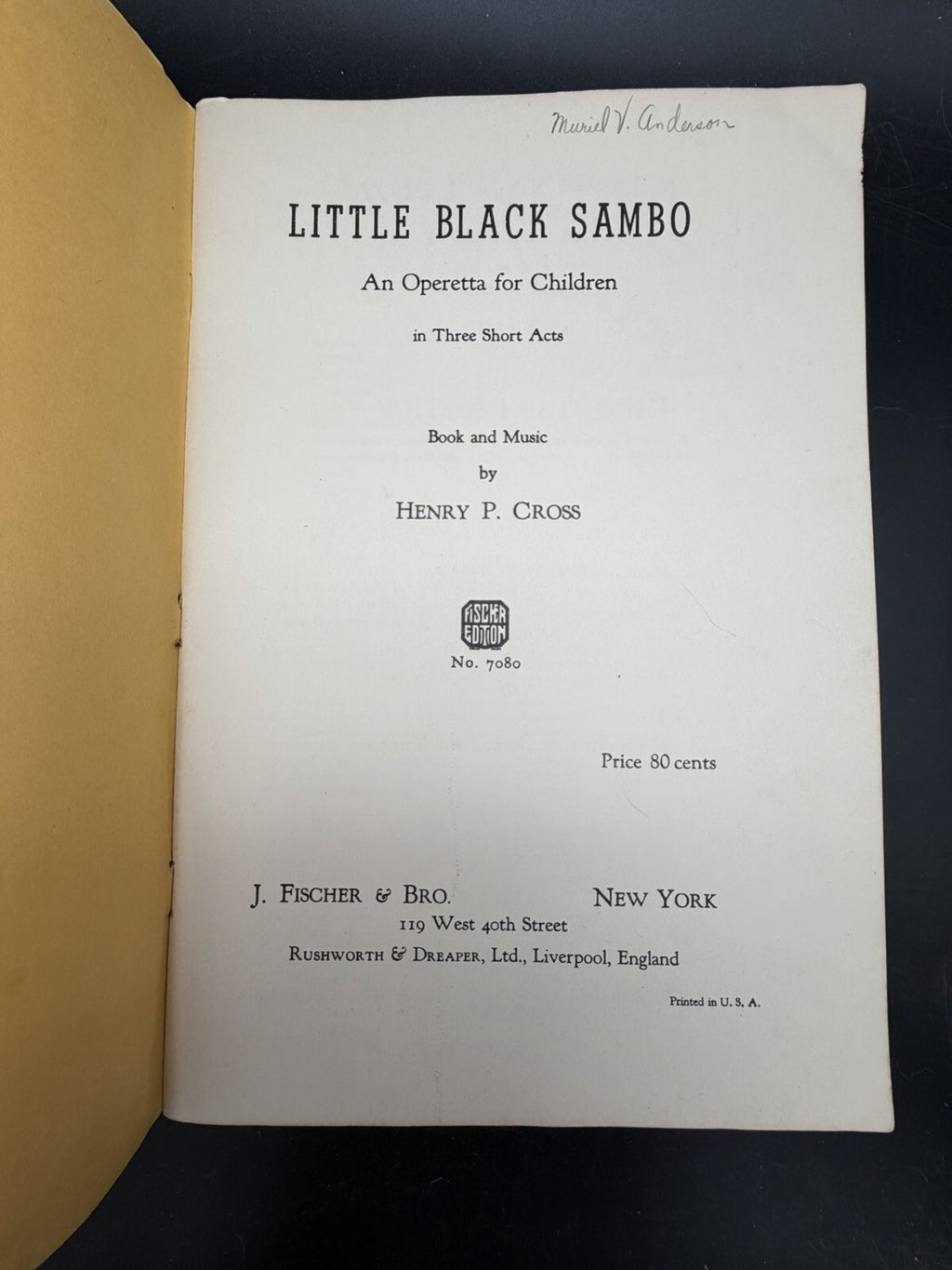 Vintage 1936 Little Black Sambo Operetta Children Sheet Music Book Henry P Cross