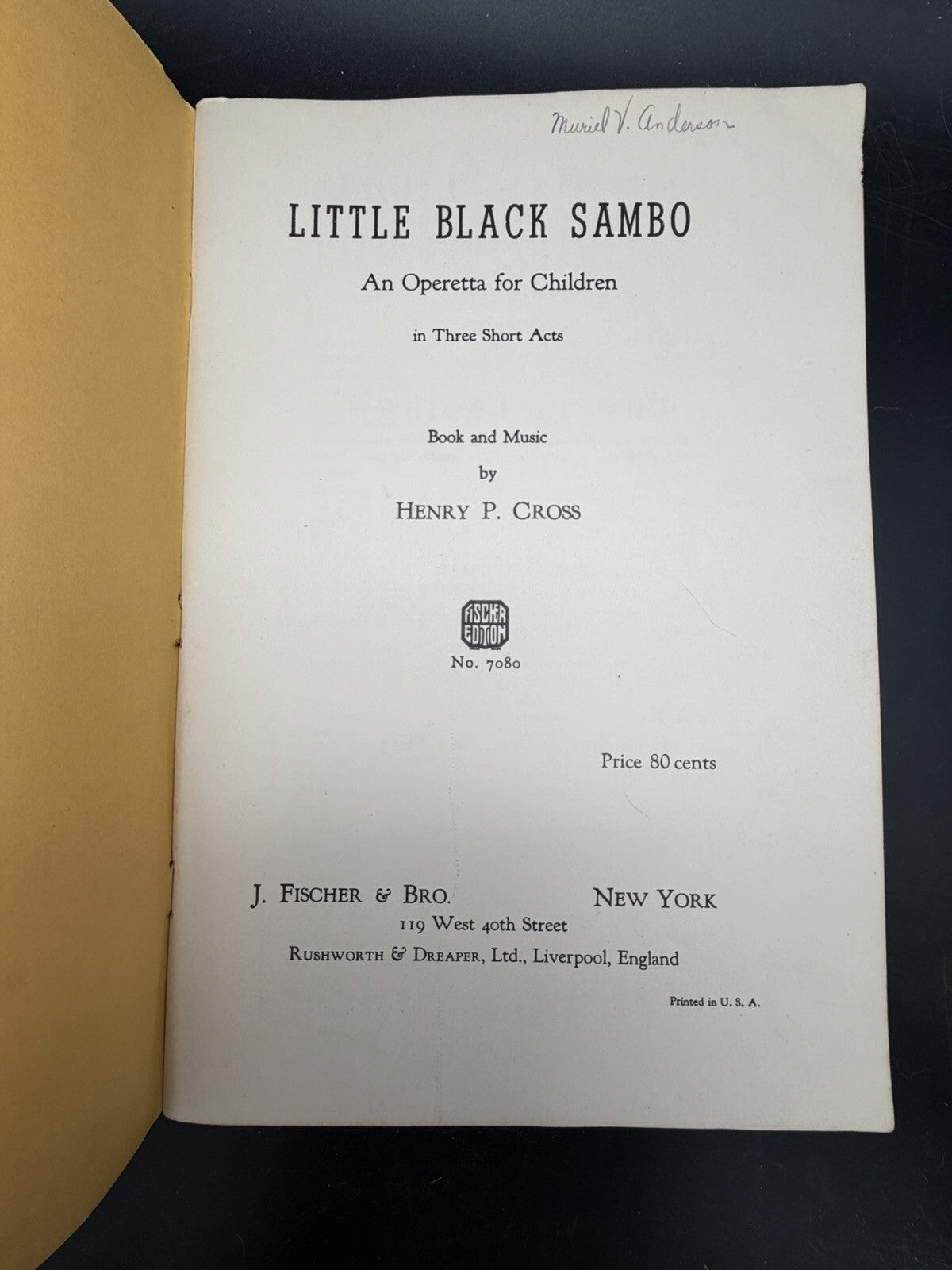Vintage 1936 Little Black Sambo Operetta Children Sheet Music Book Henry P Cross
