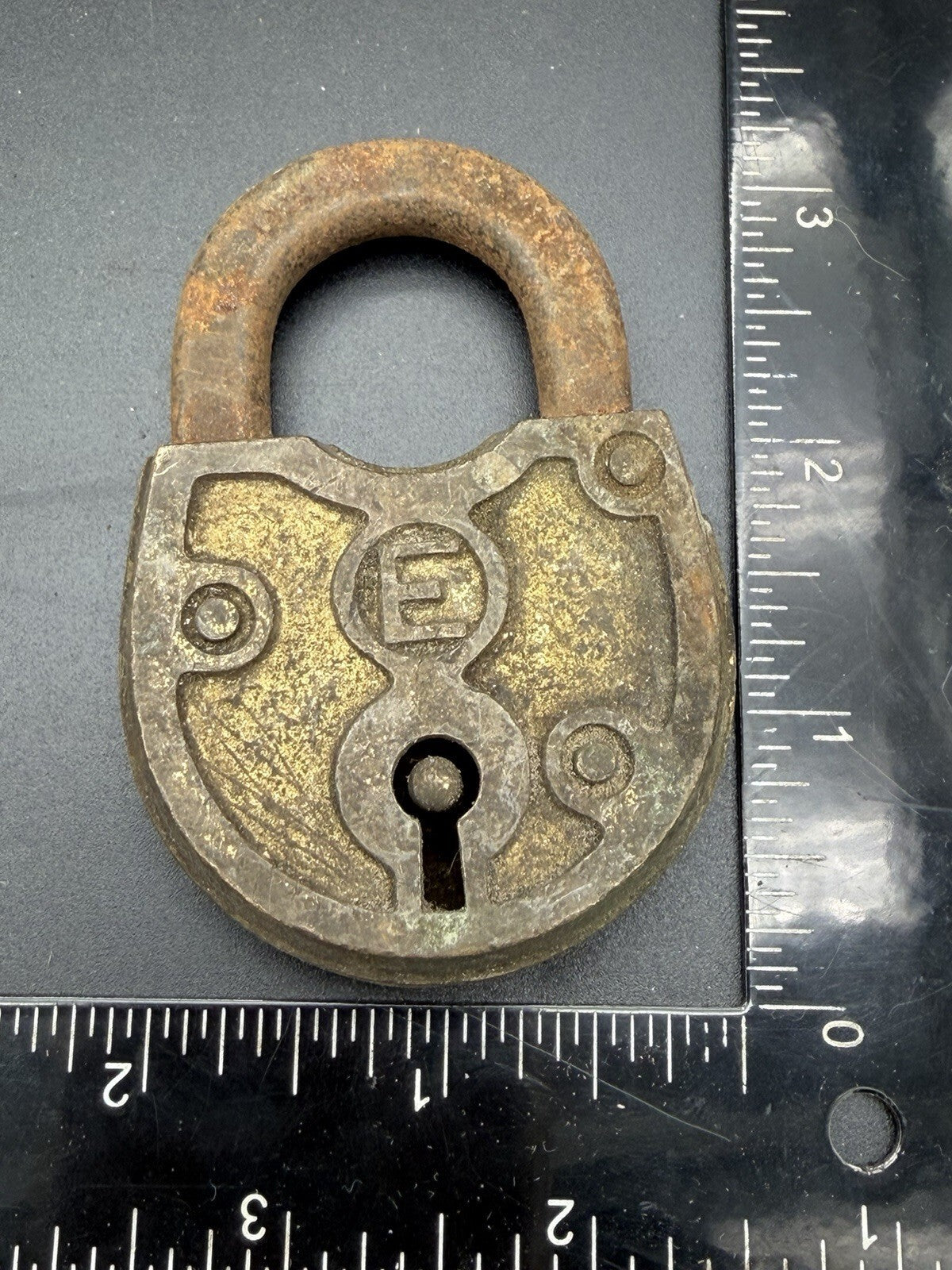 Vintage Antique Brass and Iron Padlock "E" Logo Heavy Duty Hardware Collectible
