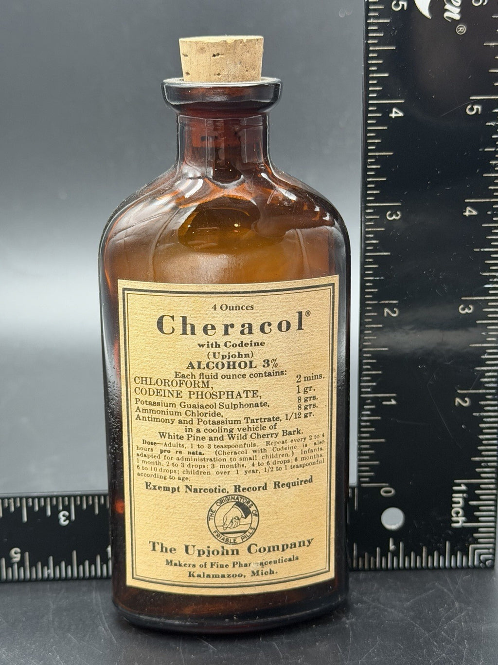 Vintage Upjohn Cheracol with Codeine 4 Oz Amber Medicine Bottle Original Label