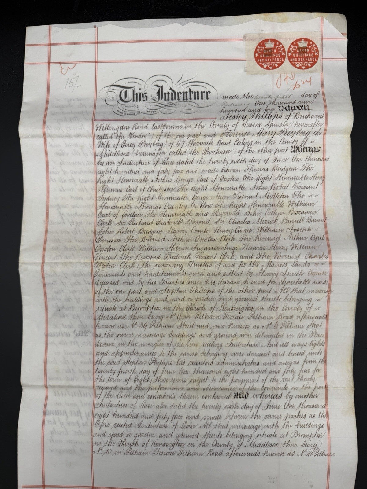 1904 Antique Deed: Kensington, London Property Assignment (Phillips/Freyberg)