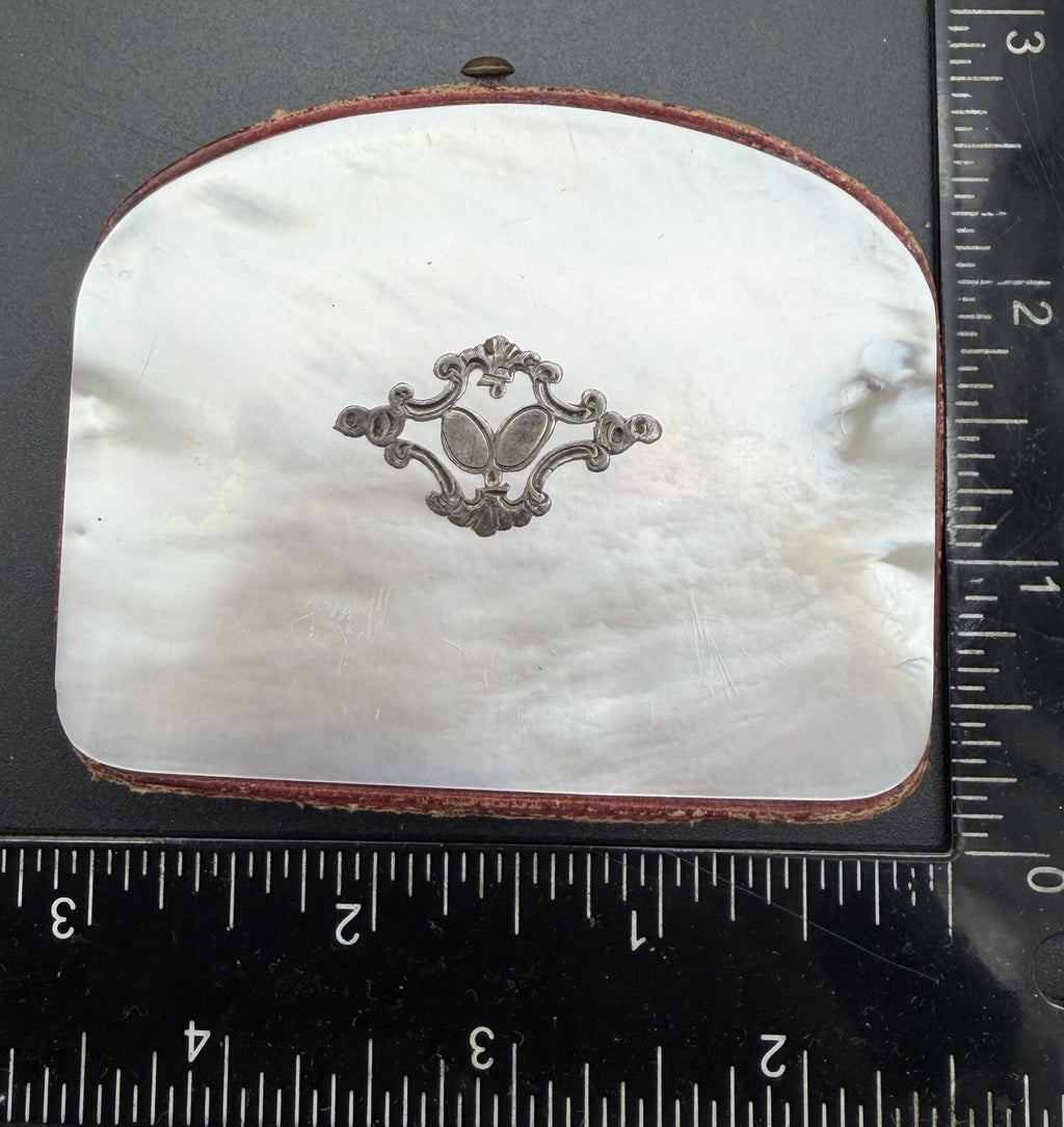 Antique Victorian Mother of Pearl Coin Purse Silver Cartouche Red Silk Interior