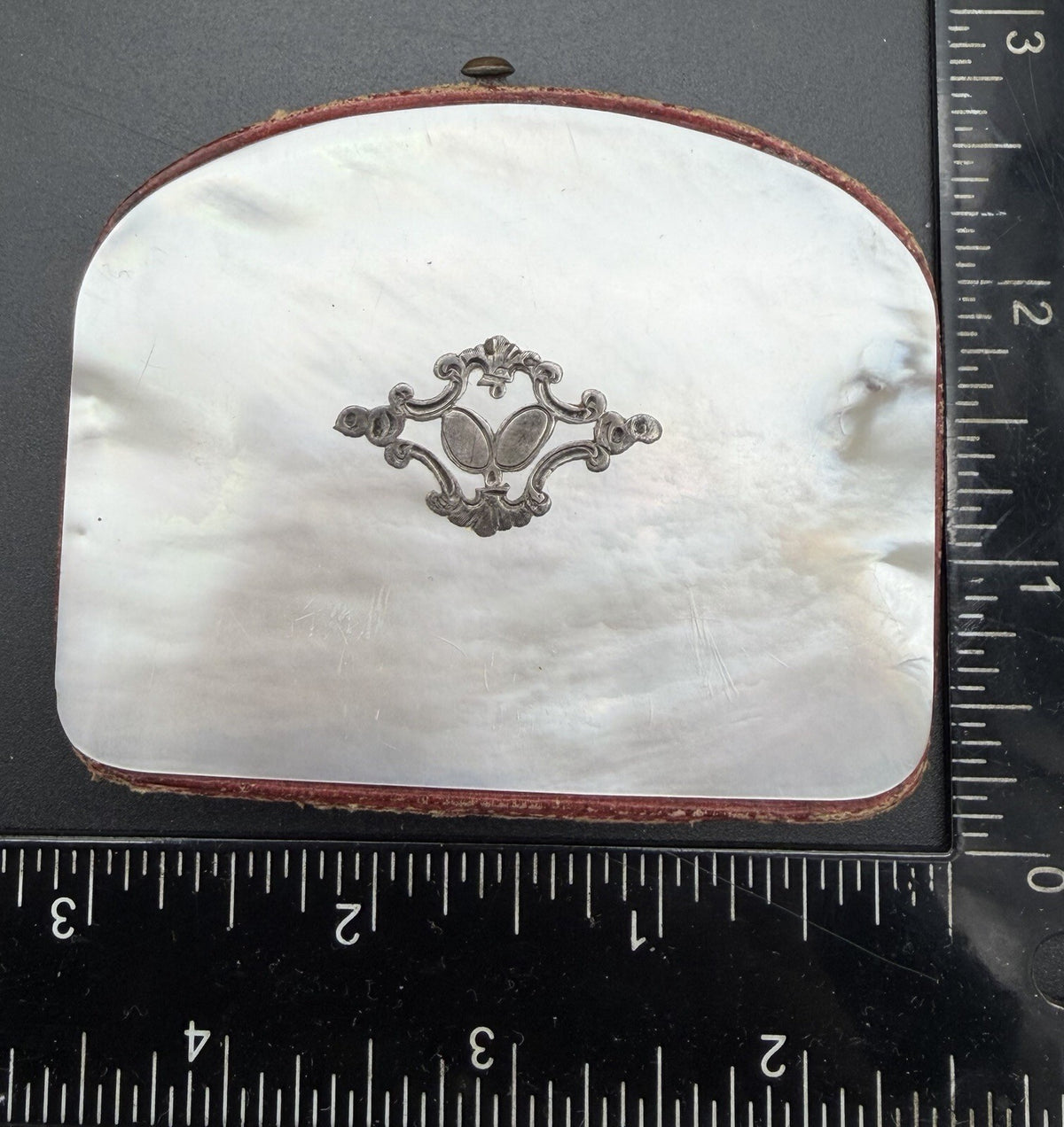 Antique Victorian Mother of Pearl Coin Purse Silver Cartouche Red Silk Interior