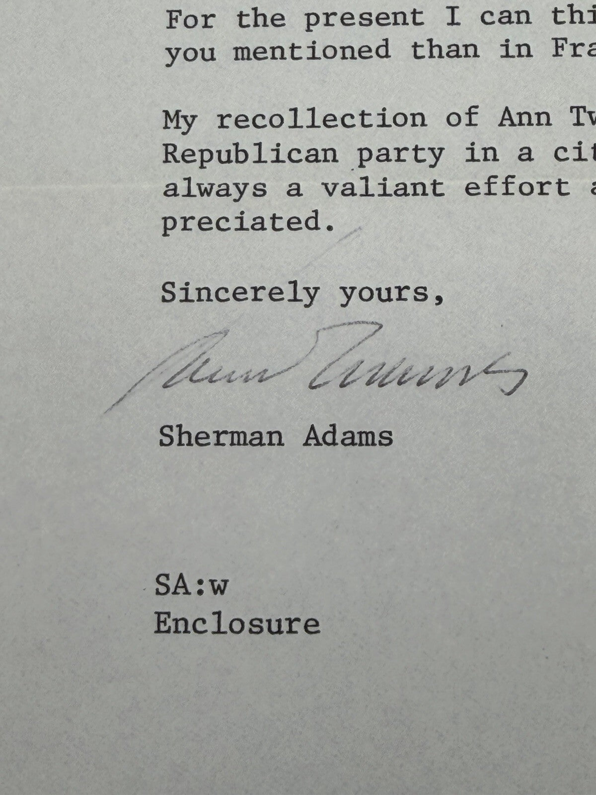 Sherman Adams (Eisenhower Chief of Staff) 1981 SIGNED Letter NH Governor Paper