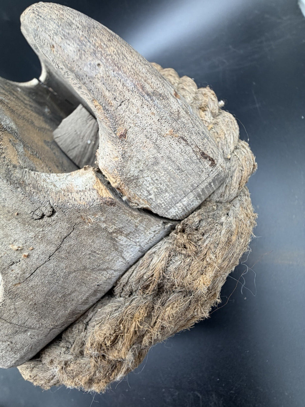 Antique Rope Stropped Wooden Double Pulley Block Forged Iron Hook Barn Salvage