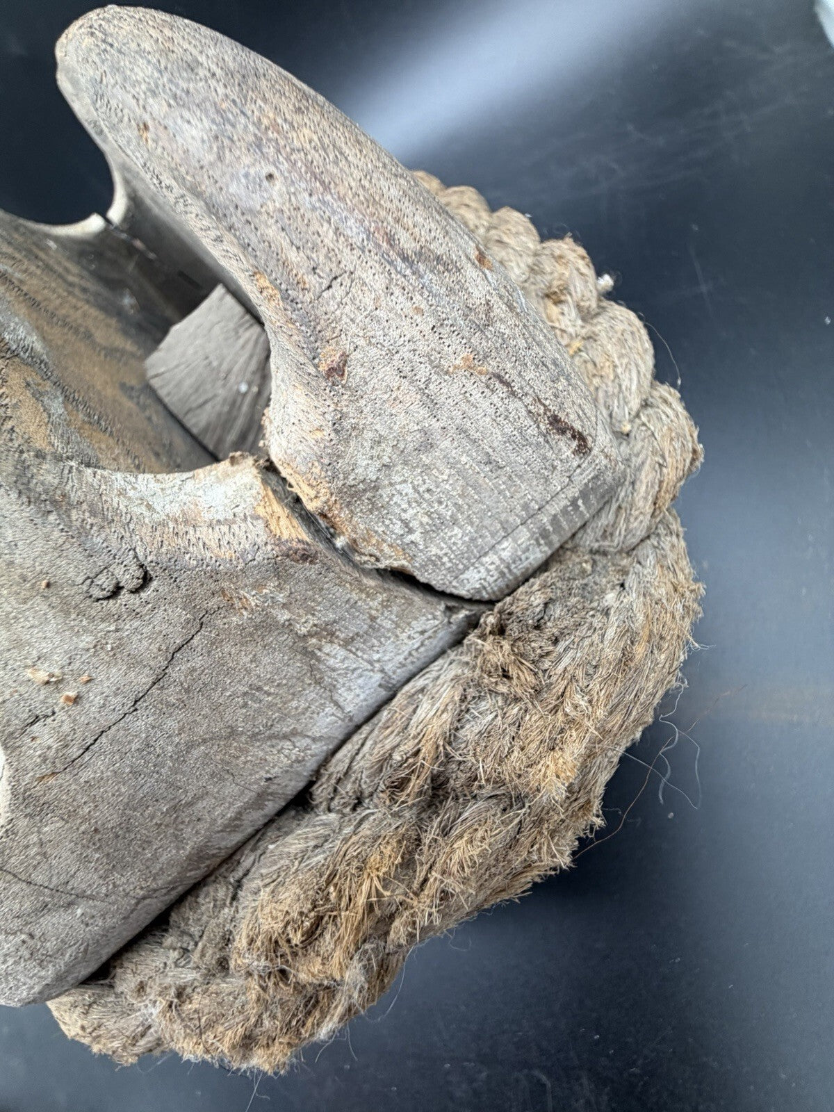 Antique Rope Stropped Wooden Double Pulley Block Forged Iron Hook Barn Salvage
