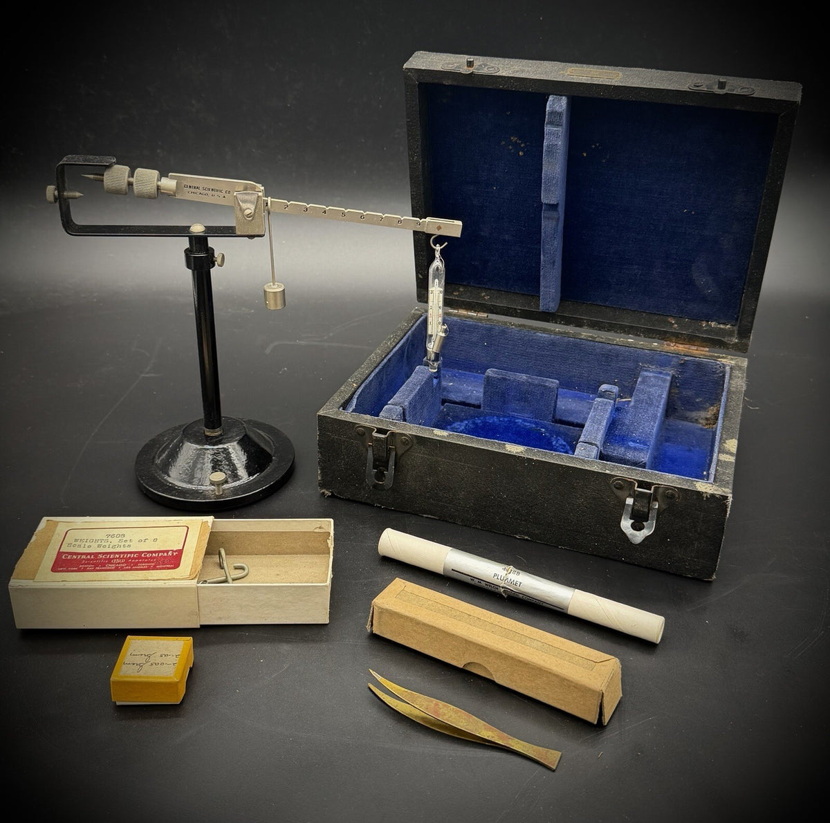 Vintage Central Scientific Co. Lab Balance Scale Set with Plummet & Weight Box
