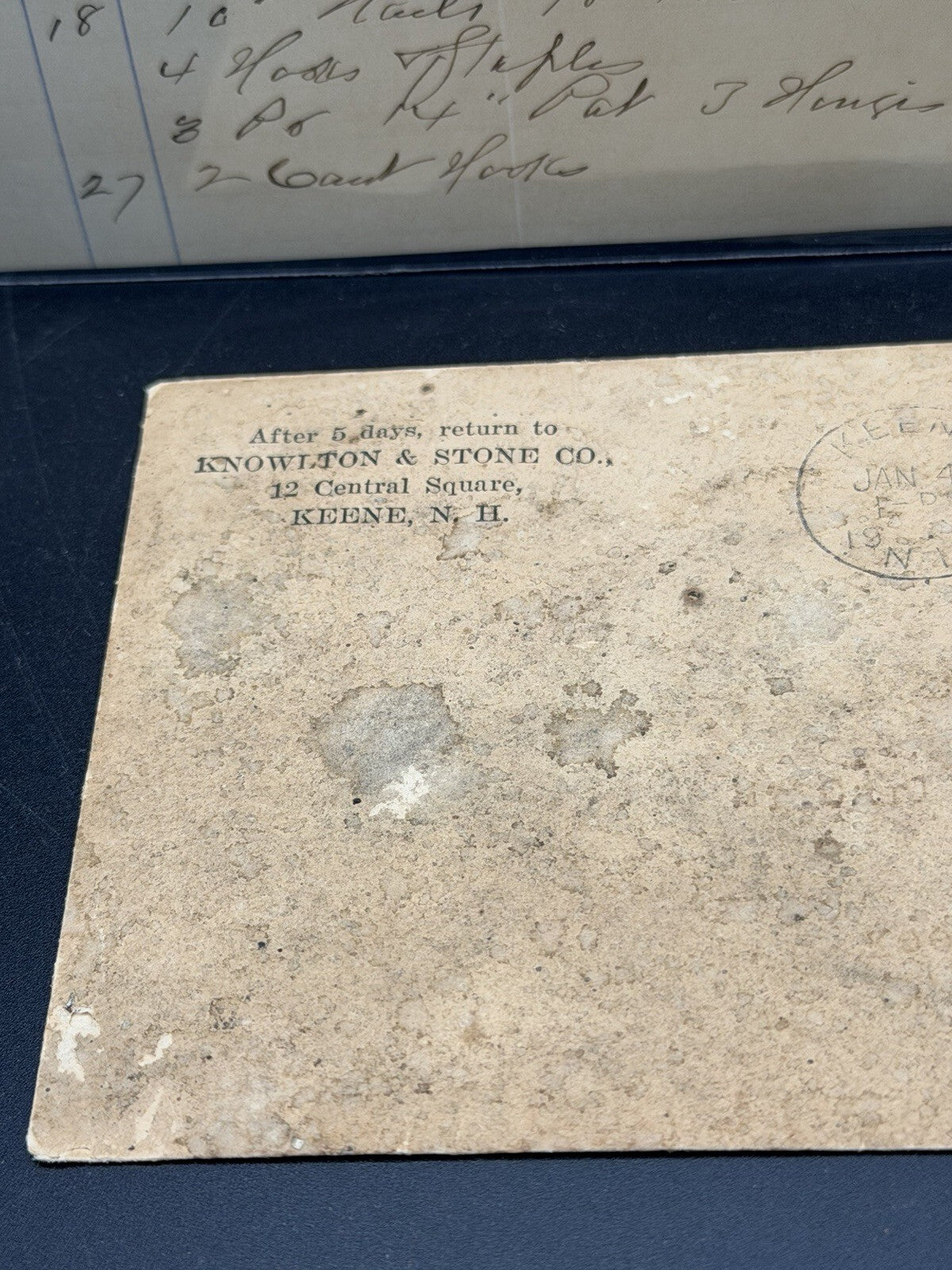 1916 Knowlton and Stone Co. Invoice & Envelope – Keene NH Hardware Ephemera