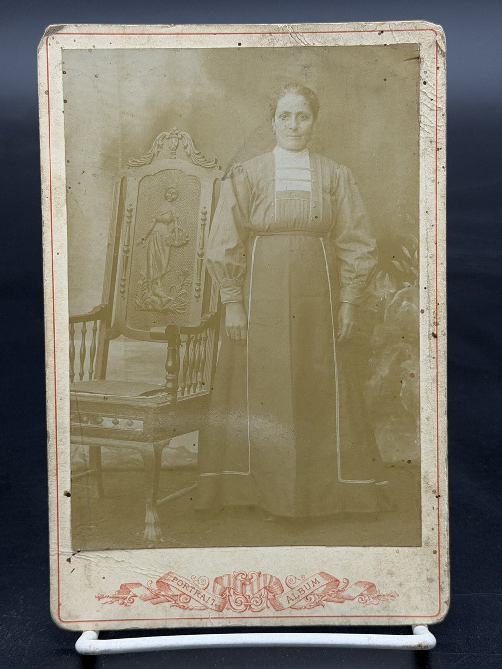 Antique Victorian Portrait Album Cabinet Card Photo Woman Posing With Chair