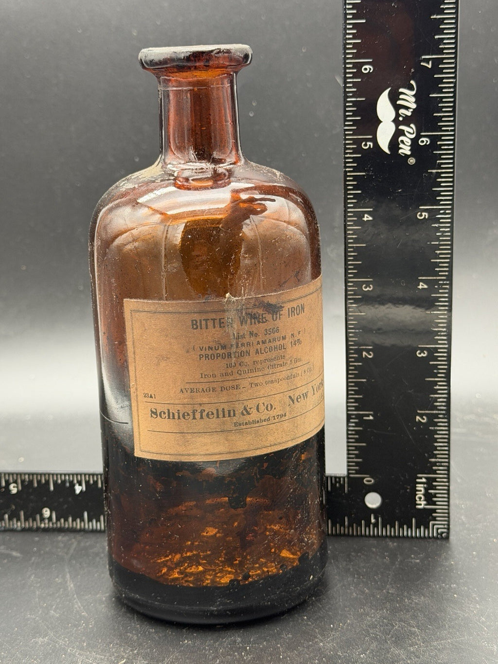 Antique Amber Apothecary Bottle Bitter Wine of Iron Schieffelin New York Medical