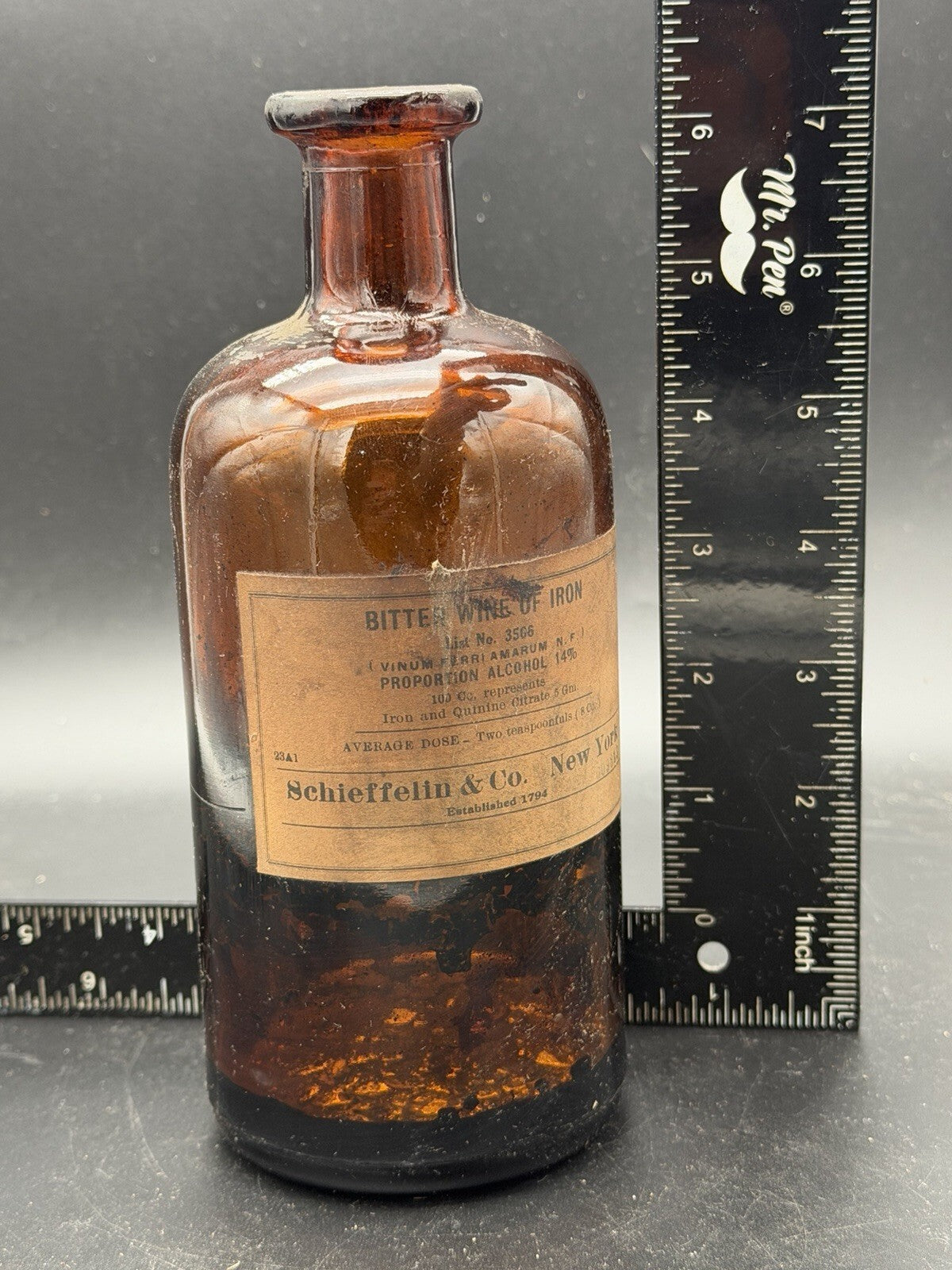 Antique Amber Apothecary Bottle Bitter Wine of Iron Schieffelin New York Medical