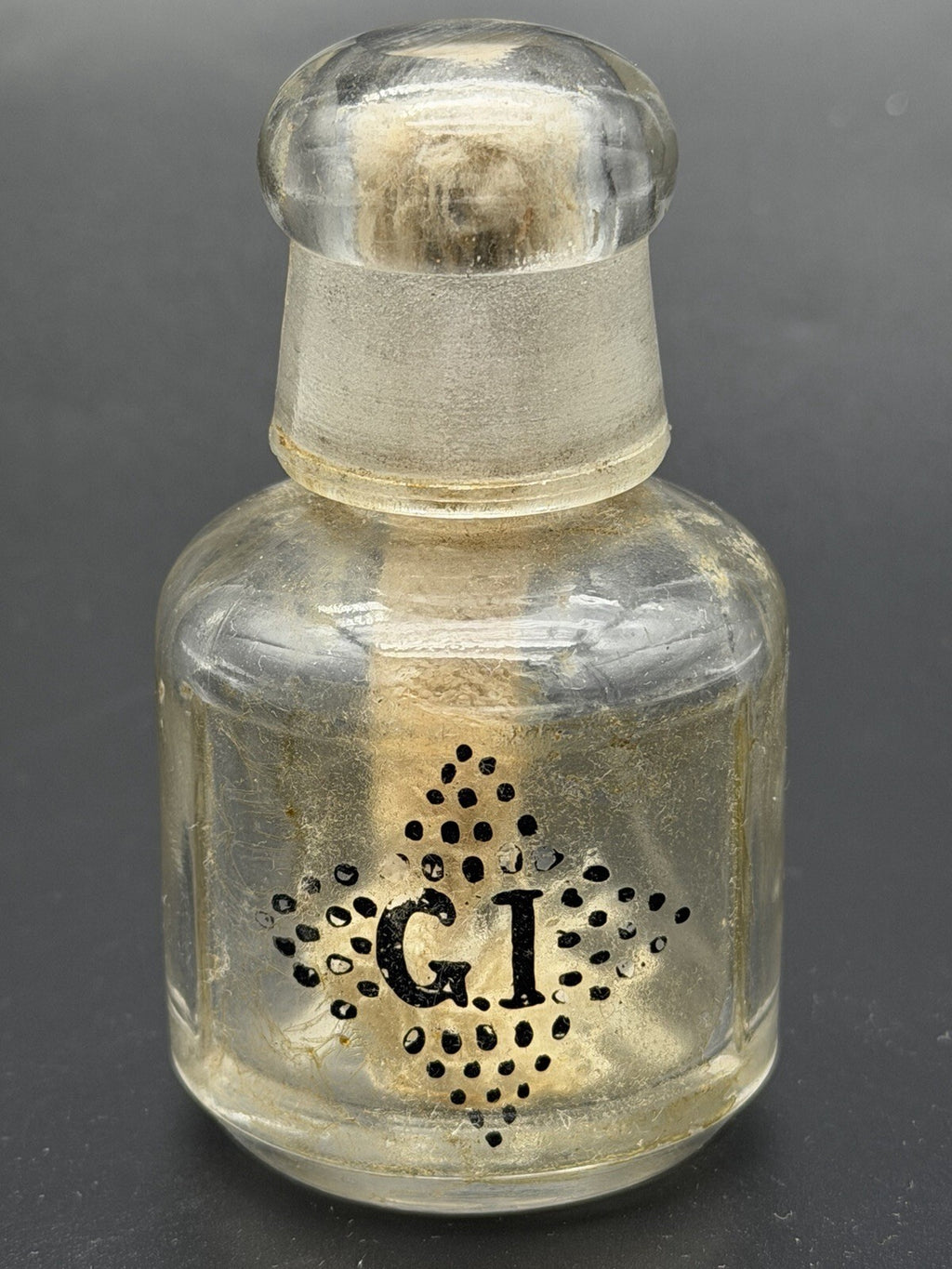 Antique Pharmacy Apothecary Glass Bottle – G.I. Stenciled Label & Stopper