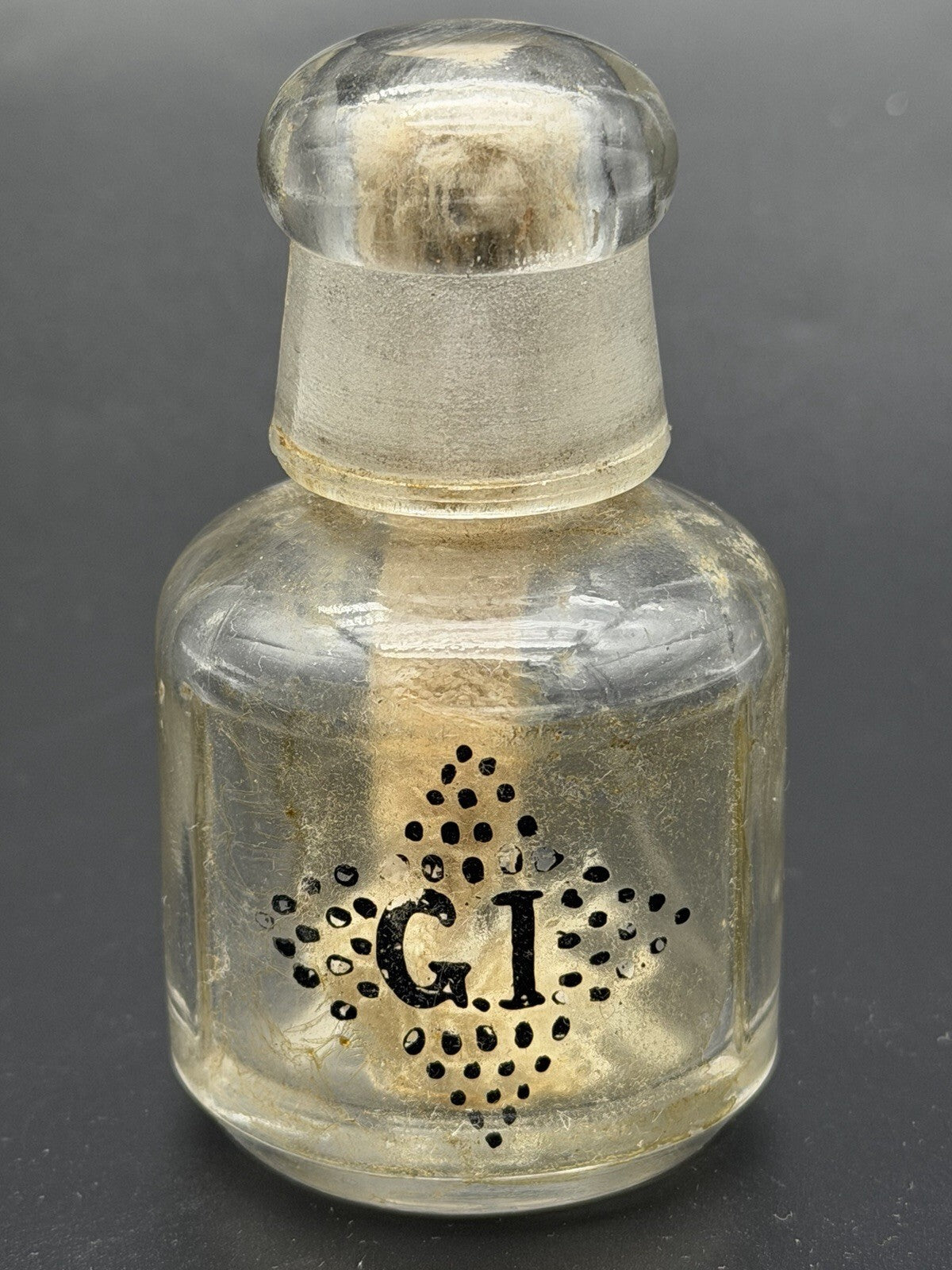 Antique Pharmacy Apothecary Glass Bottle – G.I. Stenciled Label & Stopper