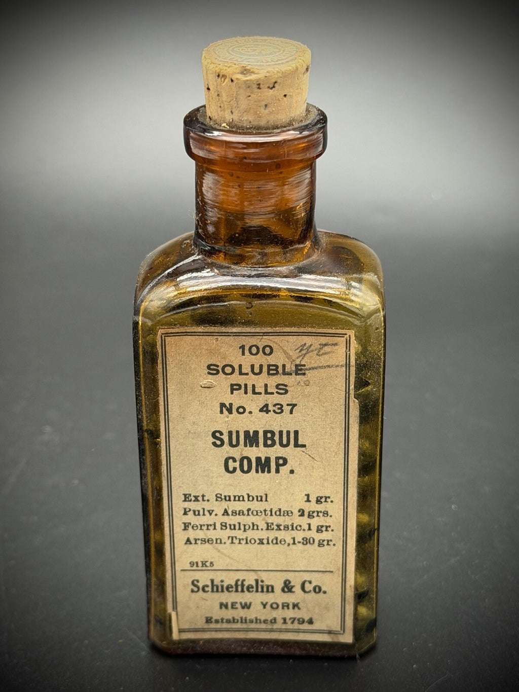 Vintage Schieffelin & Co. Soluble Pills No. 437 Sumbul Comp. Amber Glass Bottle