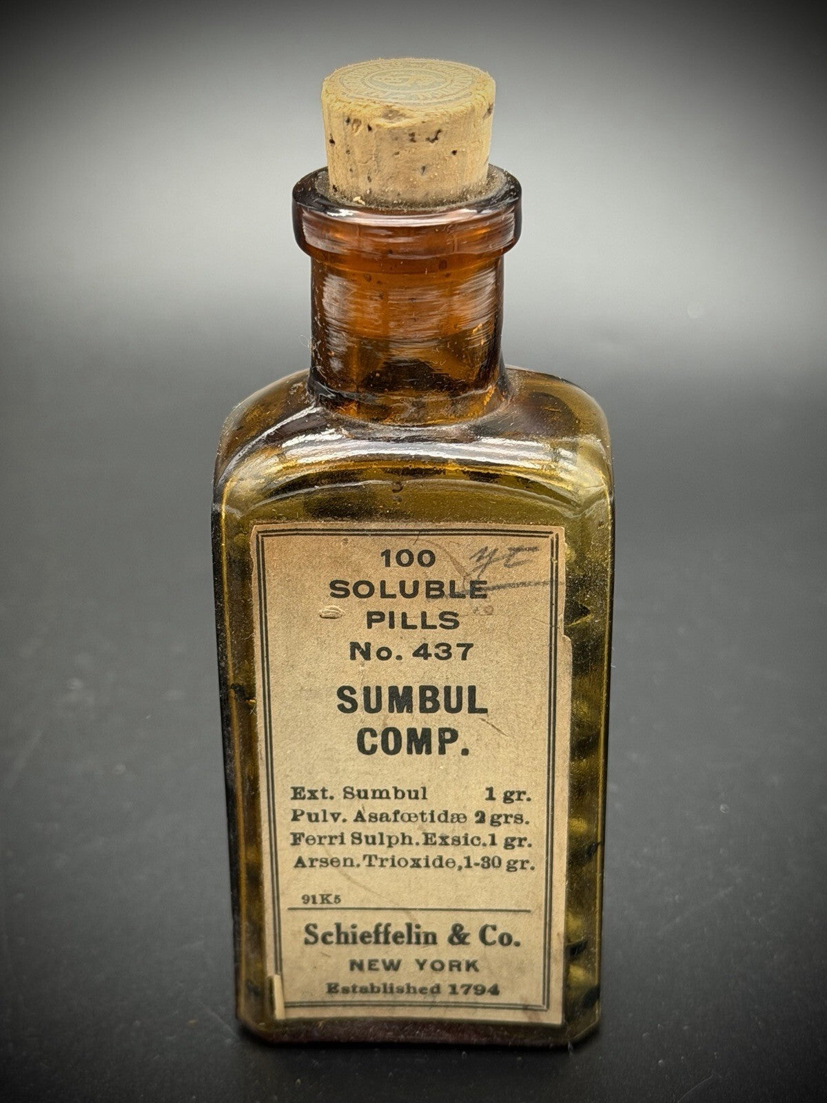 Vintage Schieffelin & Co. Soluble Pills No. 437 Sumbul Comp. Amber Glass Bottle
