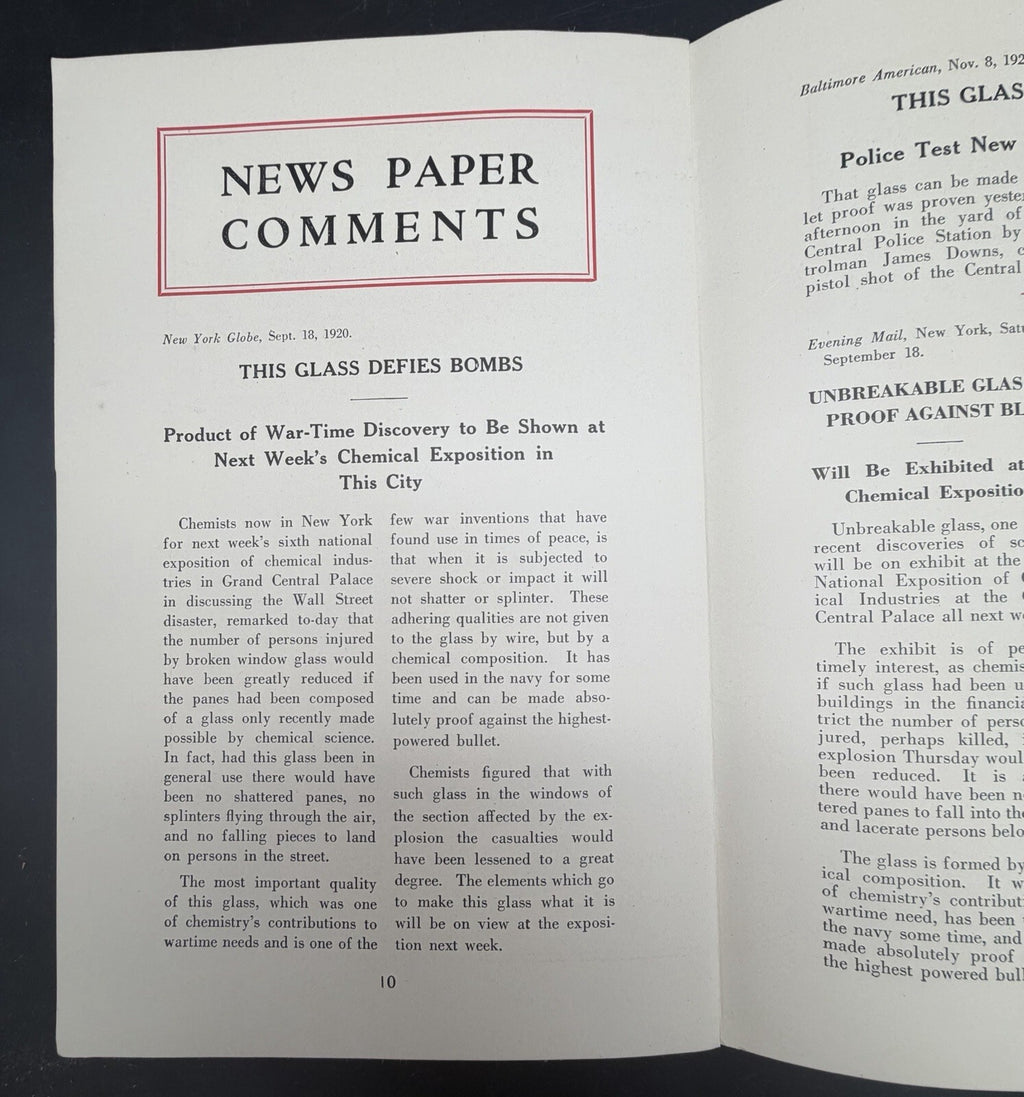 1921 Bullet-Proof & Non-Shatterable Glass Corp Stock Prospectus Pamphlet