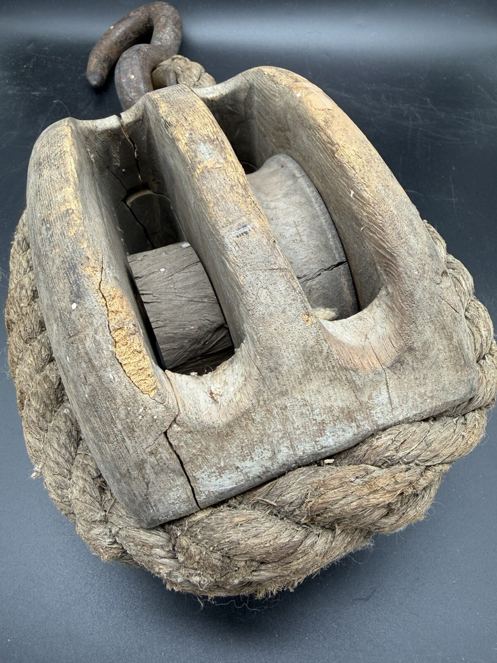 Antique Rope Stropped Wooden Double Pulley Block Forged Iron Hook Barn Salvage