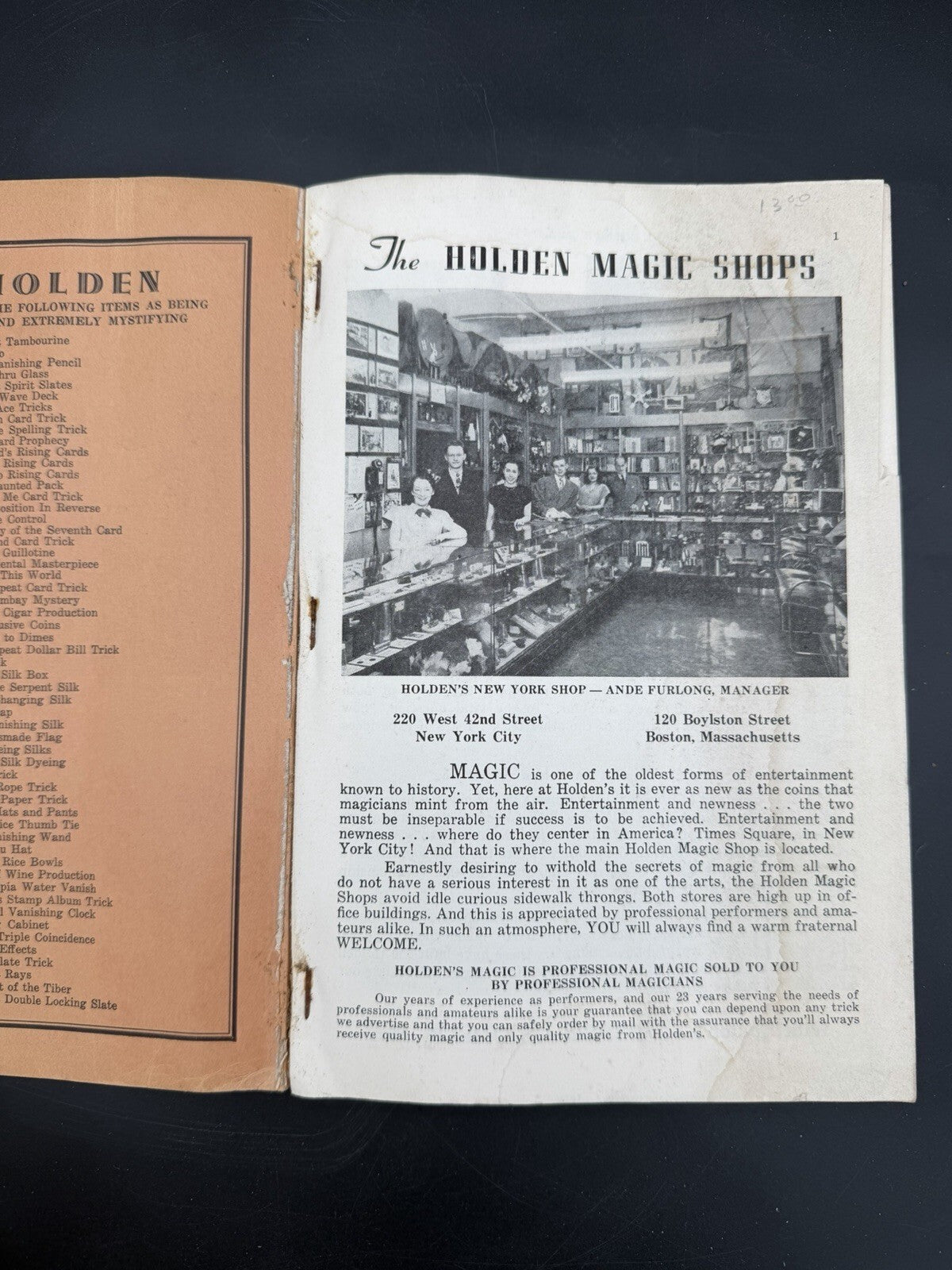 Vintage 1952 Holden's Magic Catalog Book NYC Boston Ephemera Receipt Included