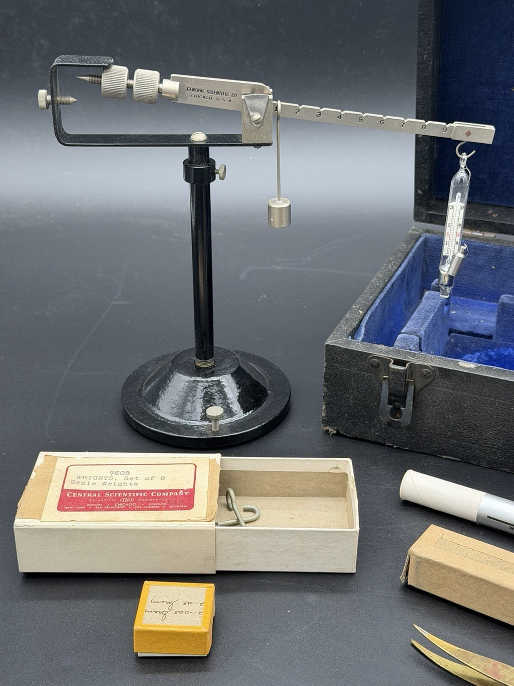 Vintage Central Scientific Co. Lab Balance Scale Set with Plummet & Weight Box