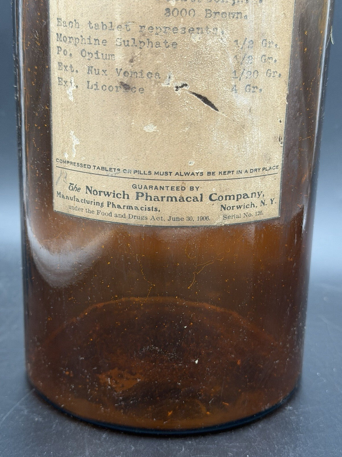 Antique 1910 Norwich NY Pharmacal Bottle Morphine Opium Label Dr Hubbell 9.5"