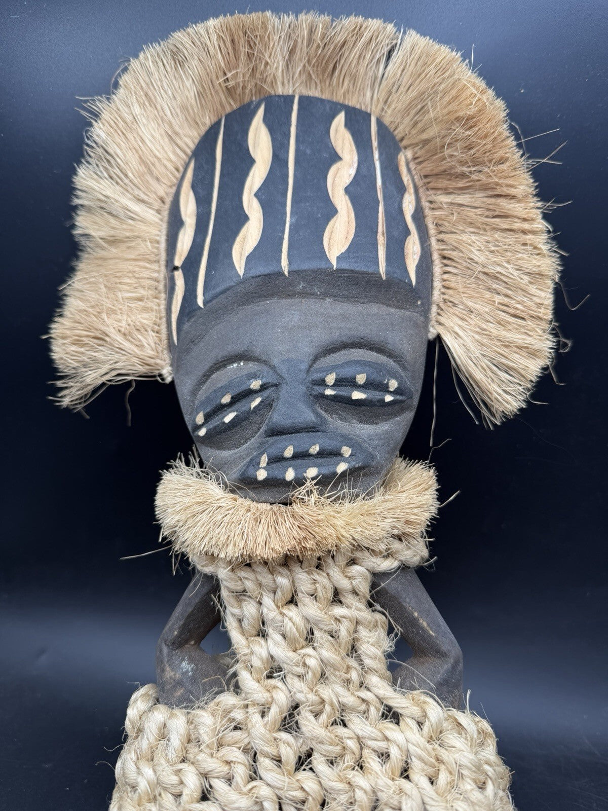 Vintage African Carved Wood Figure Raffia Tribal Statue Ritual Mask 16" Large