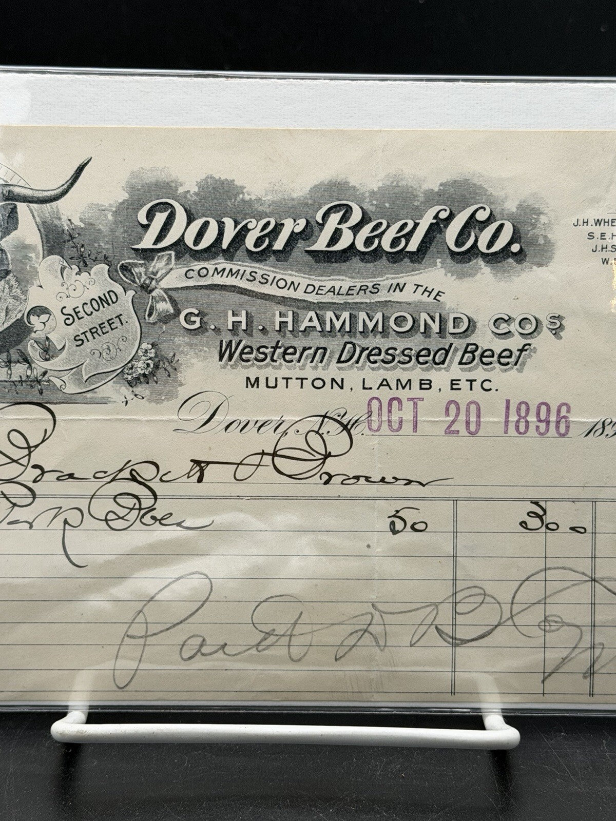 1896 Dover Beef Co. Invoice – G.H. Hammond Co. NH Butcher Ephemera Longhorn Art