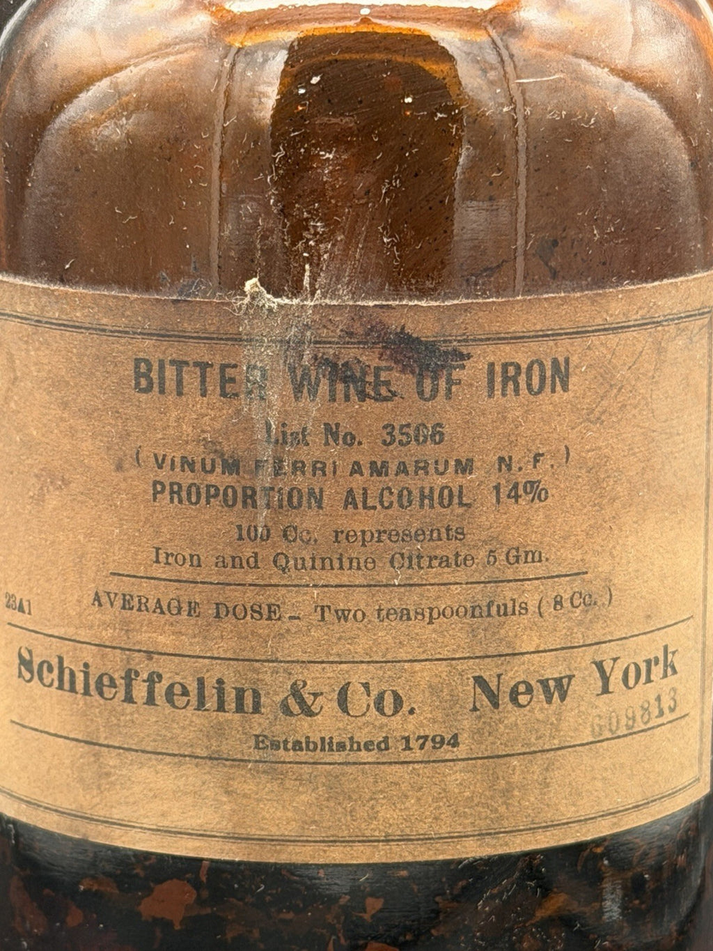 Antique Amber Apothecary Bottle Bitter Wine of Iron Schieffelin New York Medical