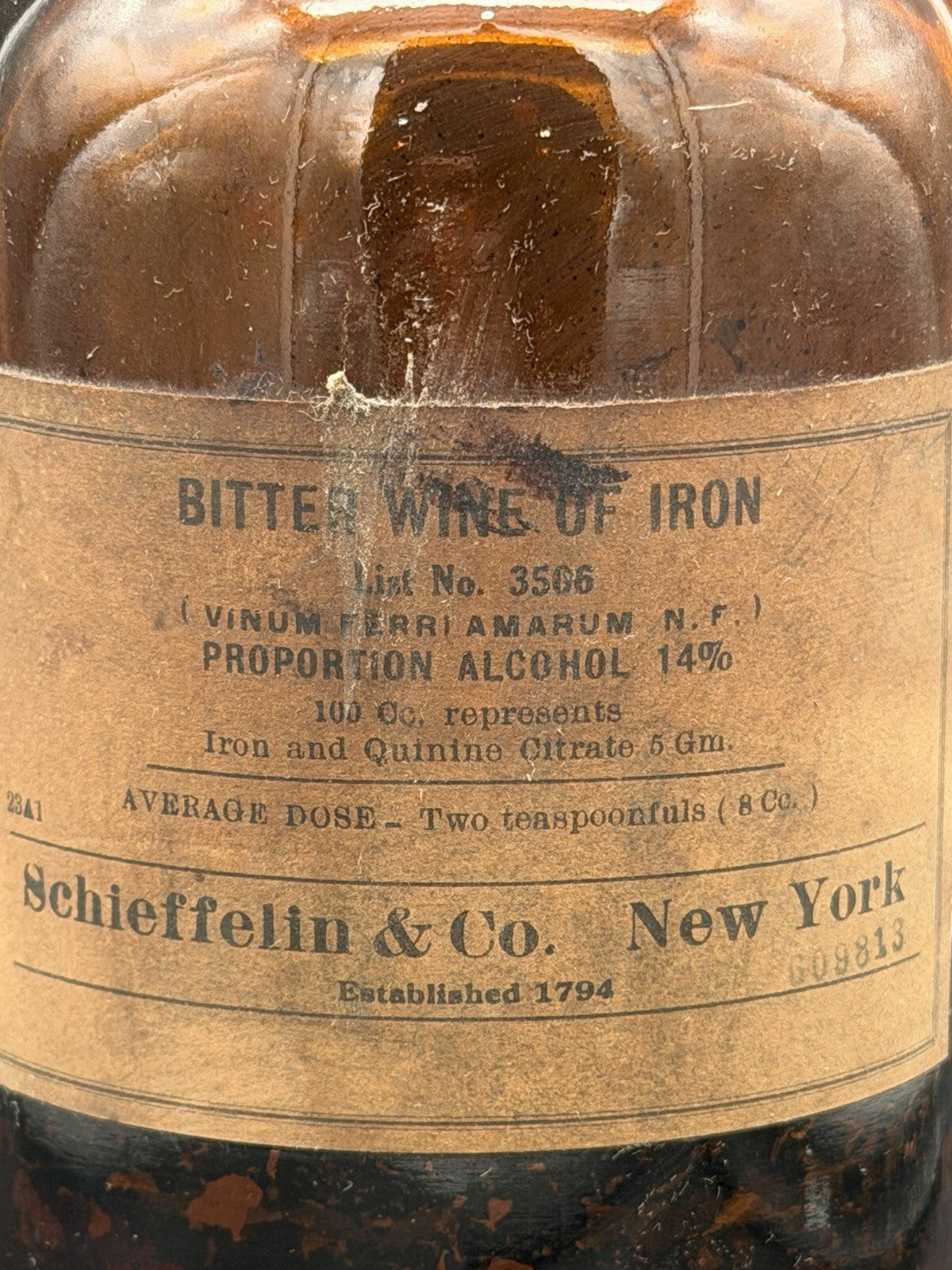Antique Amber Apothecary Bottle Bitter Wine of Iron Schieffelin New York Medical