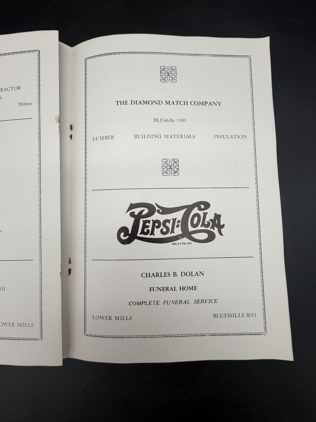 1945 Milton Firemen’s Relief Association Program Pepsi-Cola & Funeral Home Ads