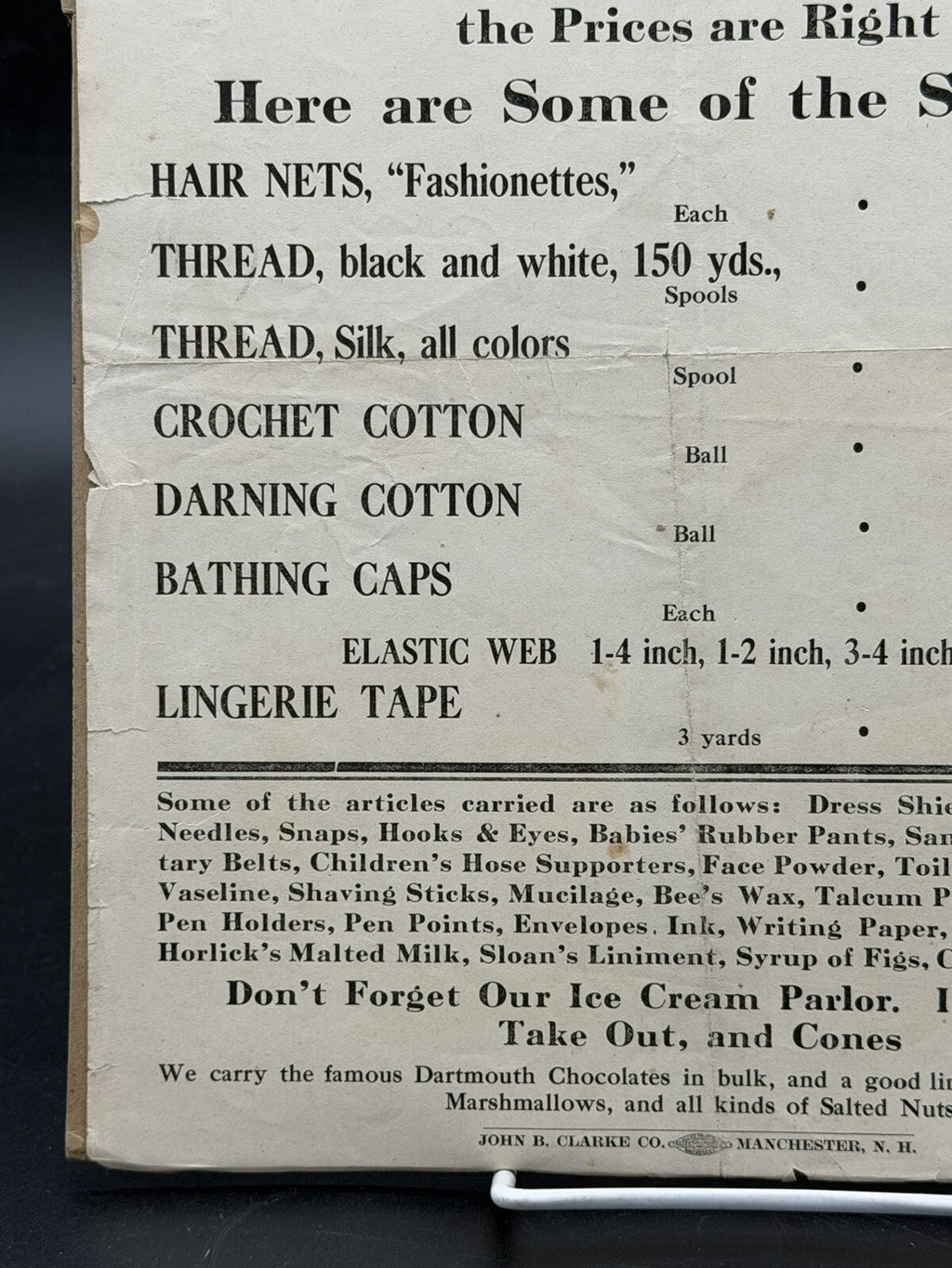 Vintage C.D. Steele & Sons Manchester NH Advertising Broadside Notions Ice Cream
