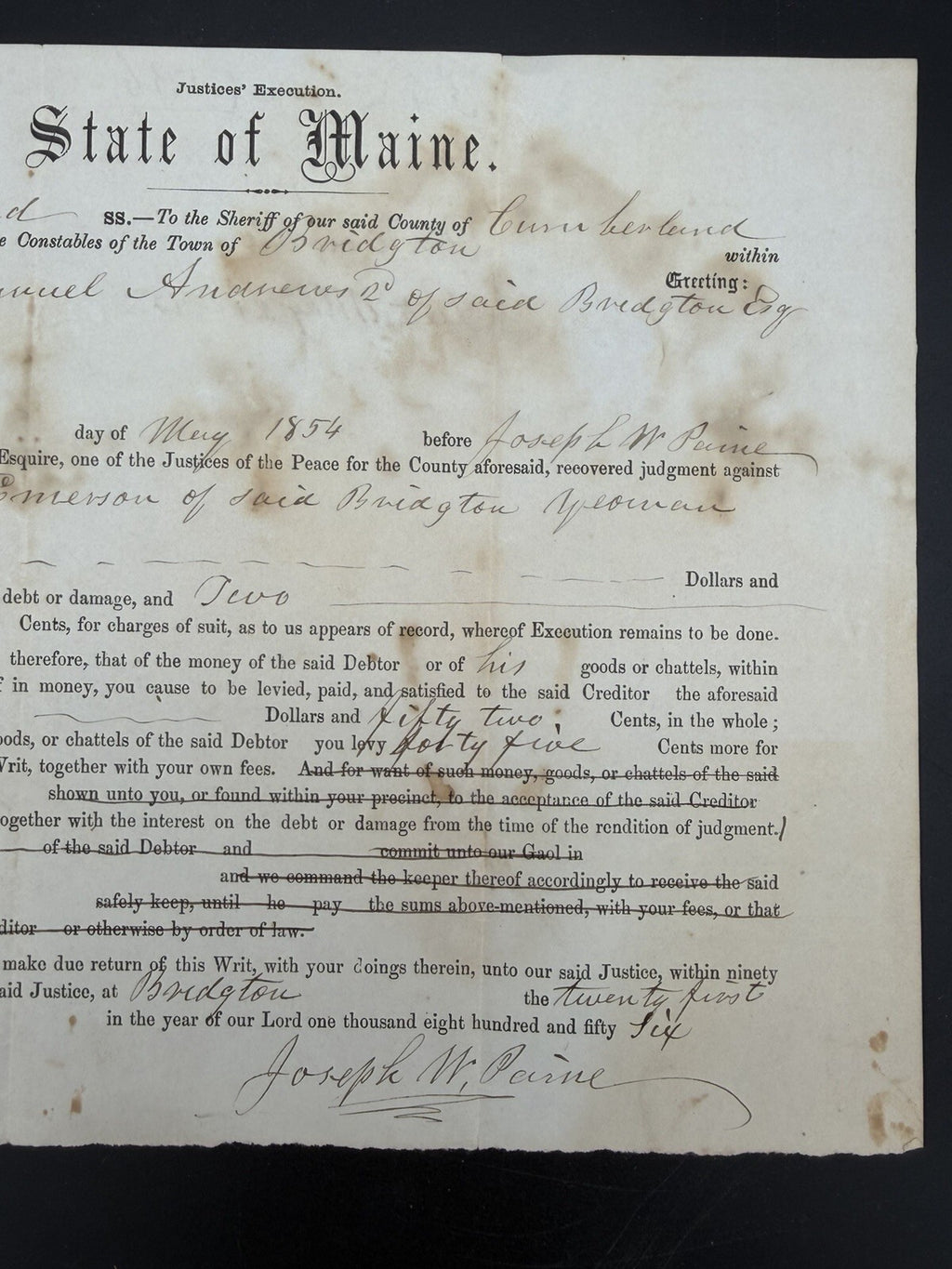 1856 Maine Legal Execution: Cumberland County Debt Collection, Bridgton, ME