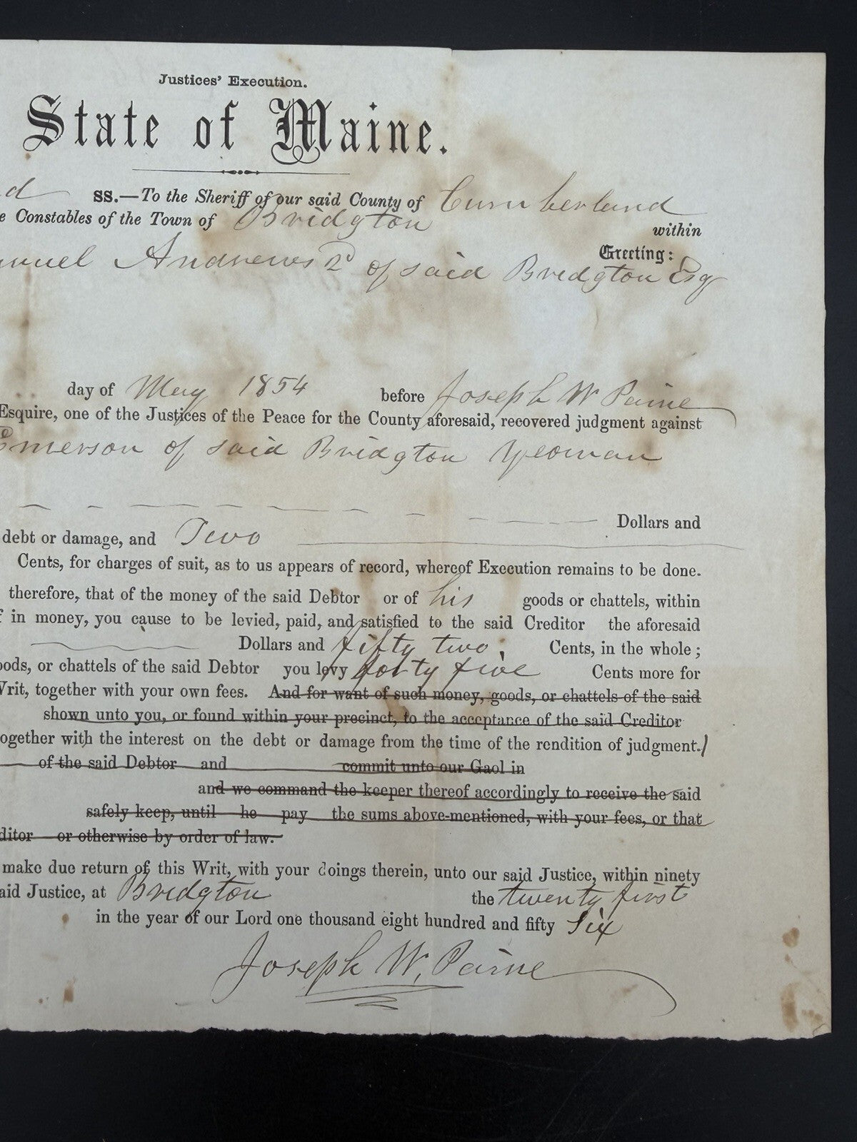1856 Maine Legal Execution: Cumberland County Debt Collection, Bridgton, ME