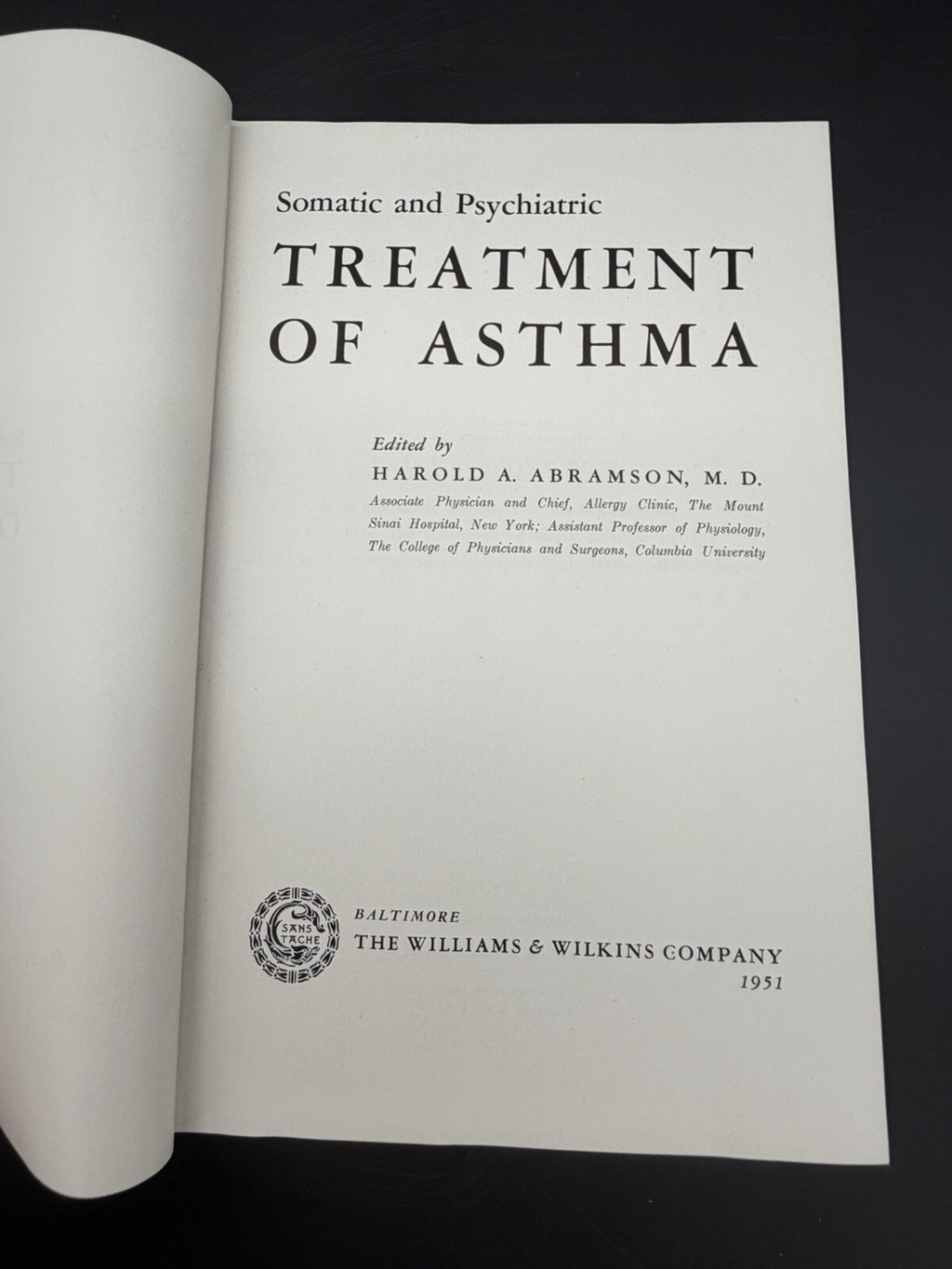 Somatic & Psychiatric Treatment of Asthma 1951 Harold A. Abramson Medical Book