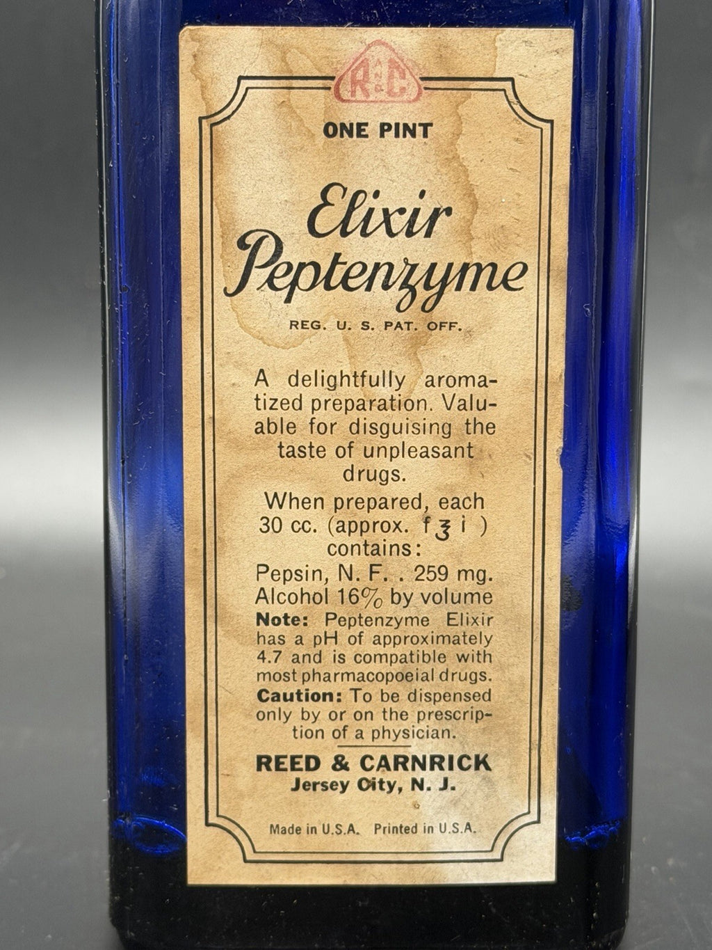 Vintage Cobalt Blue Elixir Peptenzyme Medicine Bottle Reed & Carnrick 1 Pint
