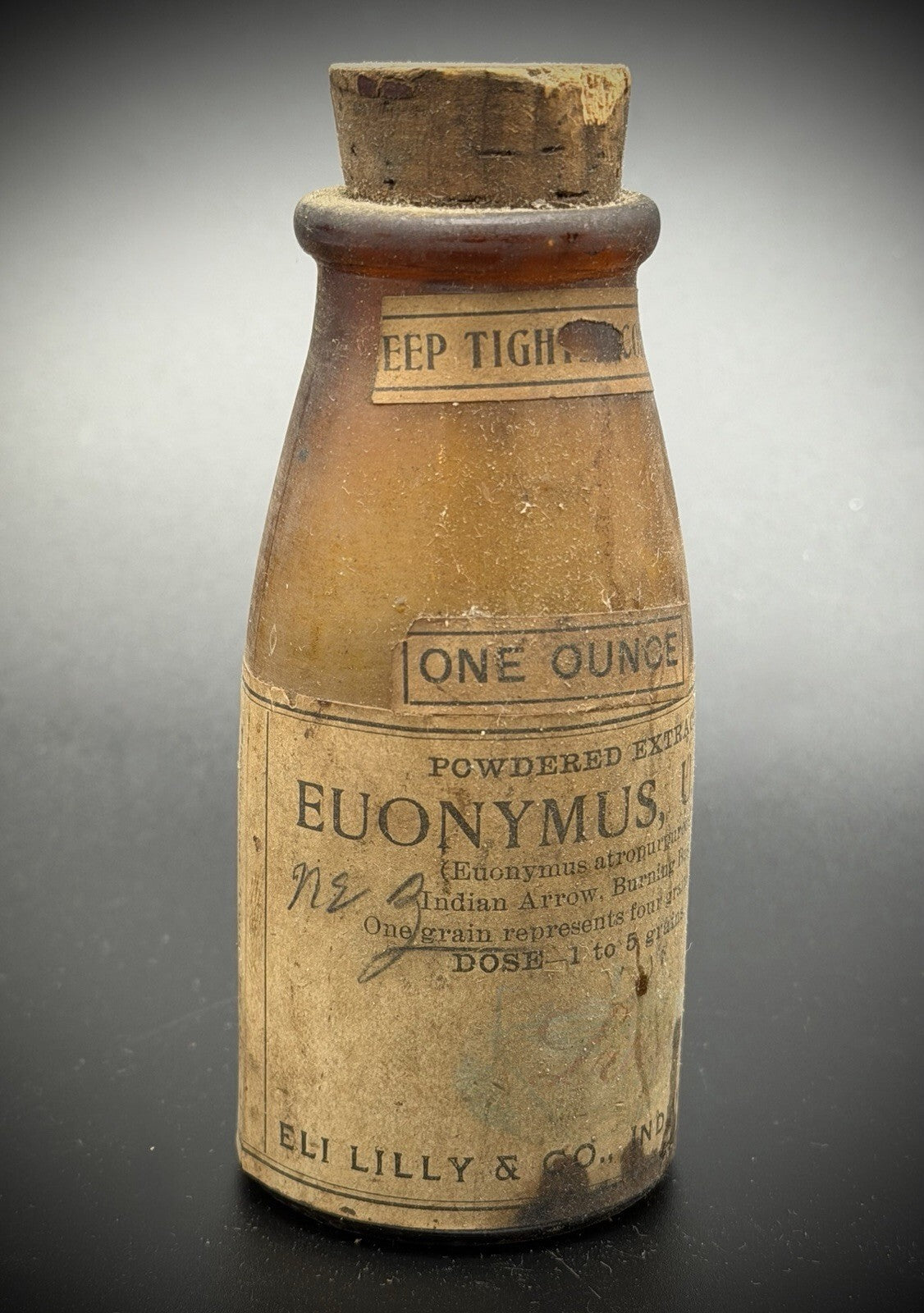 Antique Eli Lilly & Co. Amber Glass Pharmacy Bottle – Euonymus U.S.P. & Label