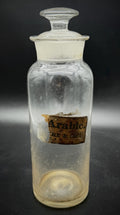 Antique Vintage Glass Apothecary Bottle "Arabic" Label w/ Ground Glass Stopper