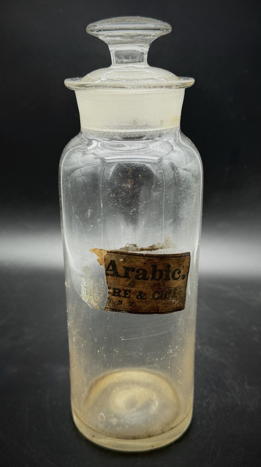 Antique Vintage Glass Apothecary Bottle "Arabic" Label w/ Ground Glass Stopper
