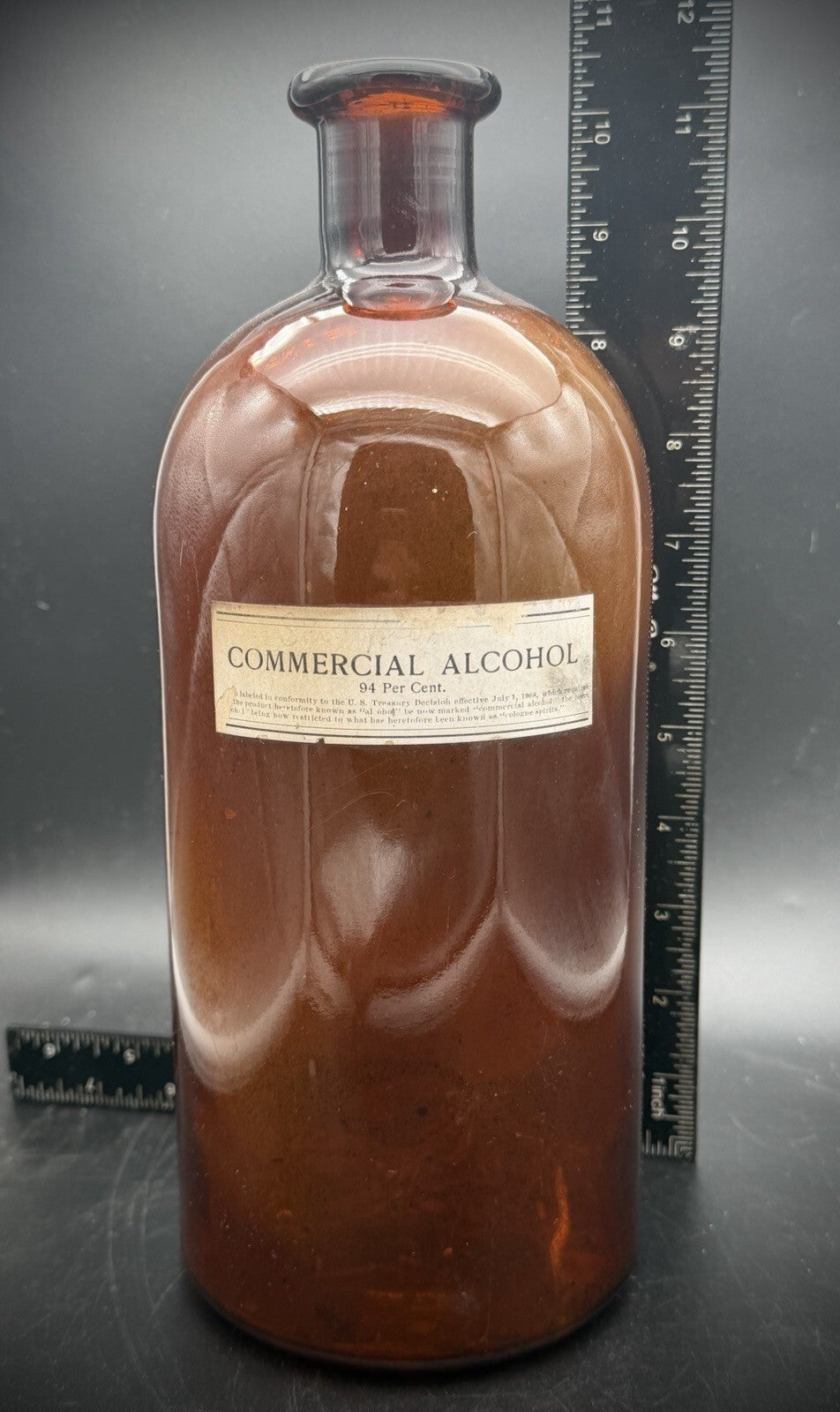 Antique Amber Glass Apothecary Bottle Commercial Alcohol 94% Label 1908 11.5